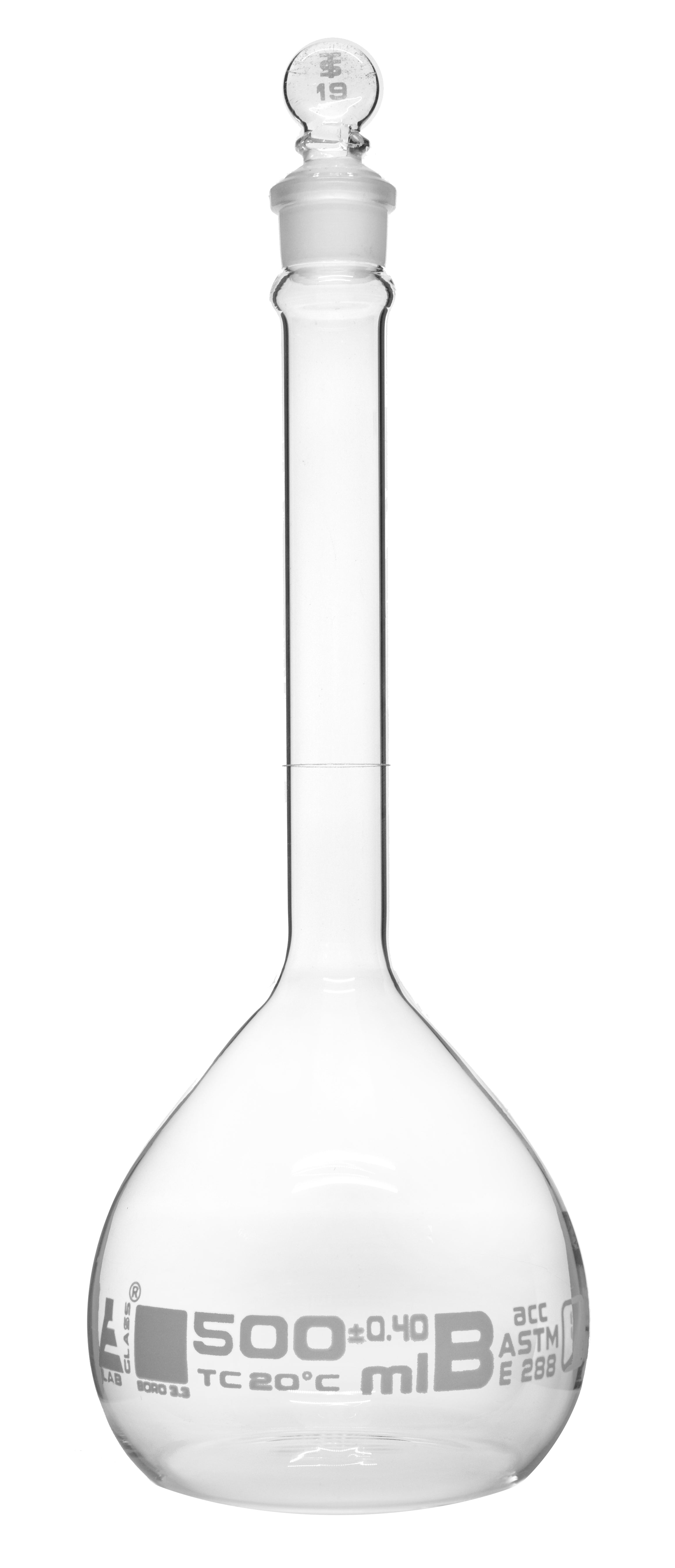ASTM Class B Borosilicate Glass Volumetric Flask with Glass Stopper, White Graduations