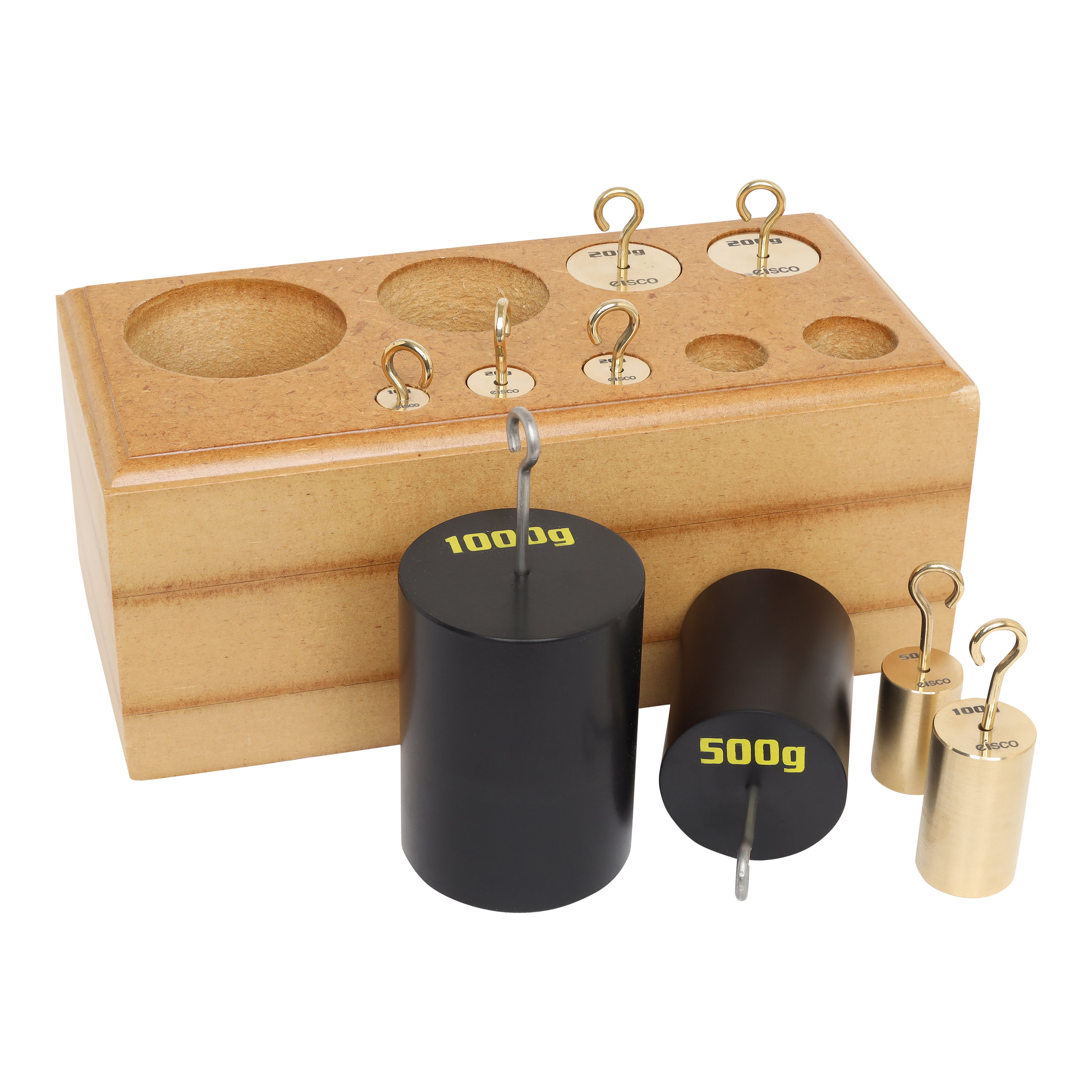 9-Piece Brass Hooked Weight Set, 10-1000g, with Wooden Block