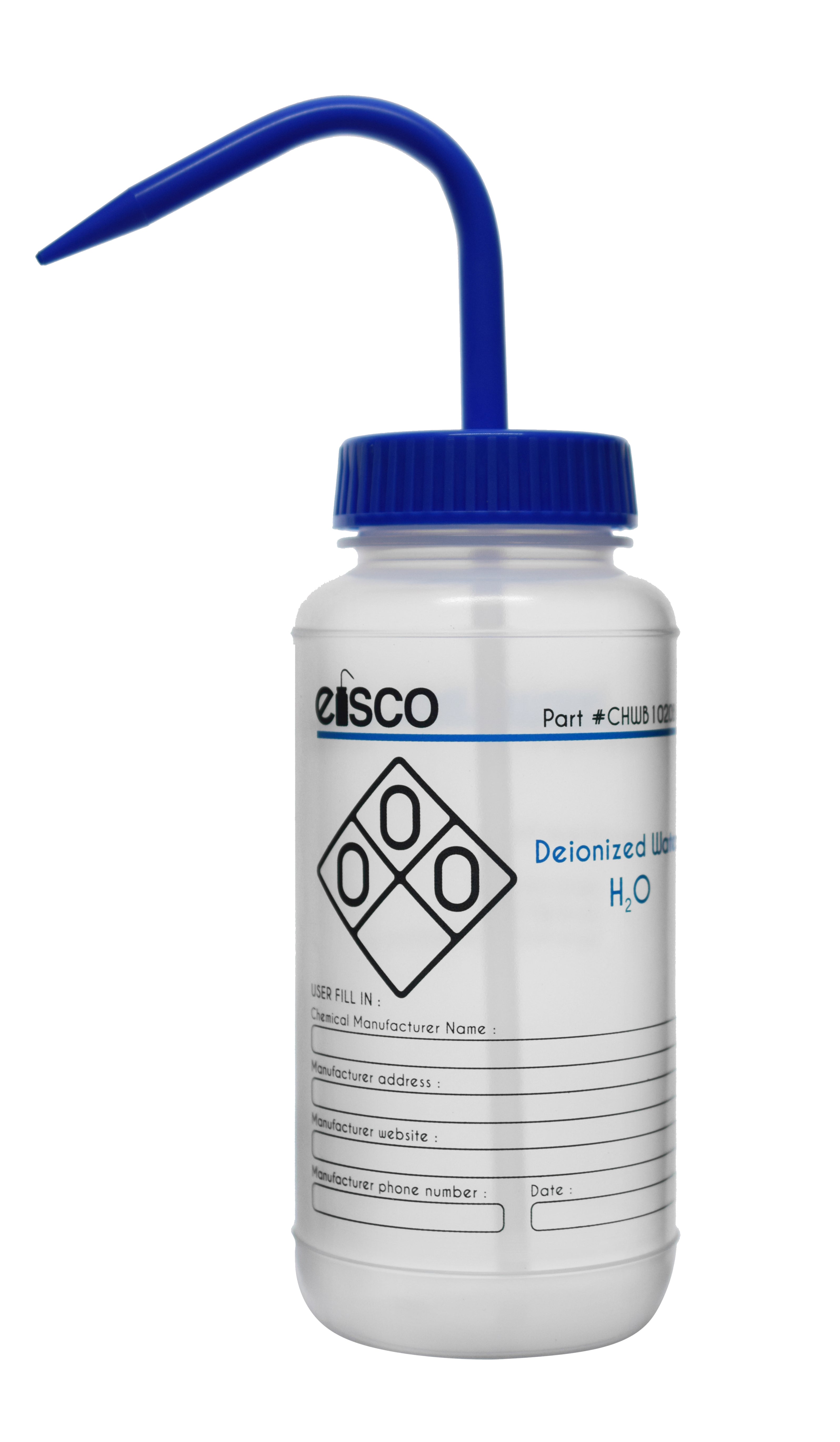 Deionized Water Wash Bottle, LDPE, Wide Mouth, 2-Color Label, 500mL