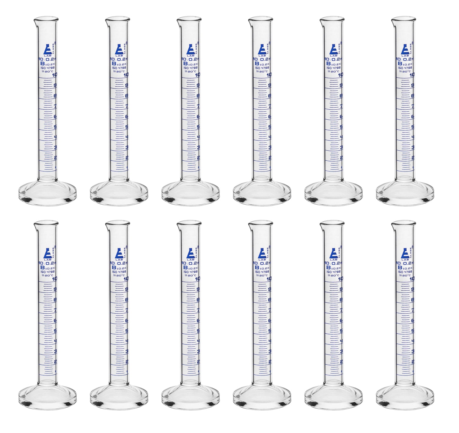 12-Pack Class B Graduated Cylinders with Round Base, 10mL, Blue Graduations, Borosilicate Glass