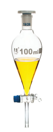 Dropping Funnel, 100mL - Squibb - With 19/26 Plastic Stopper & Glass Key Stopcock - Borosilicate Glass