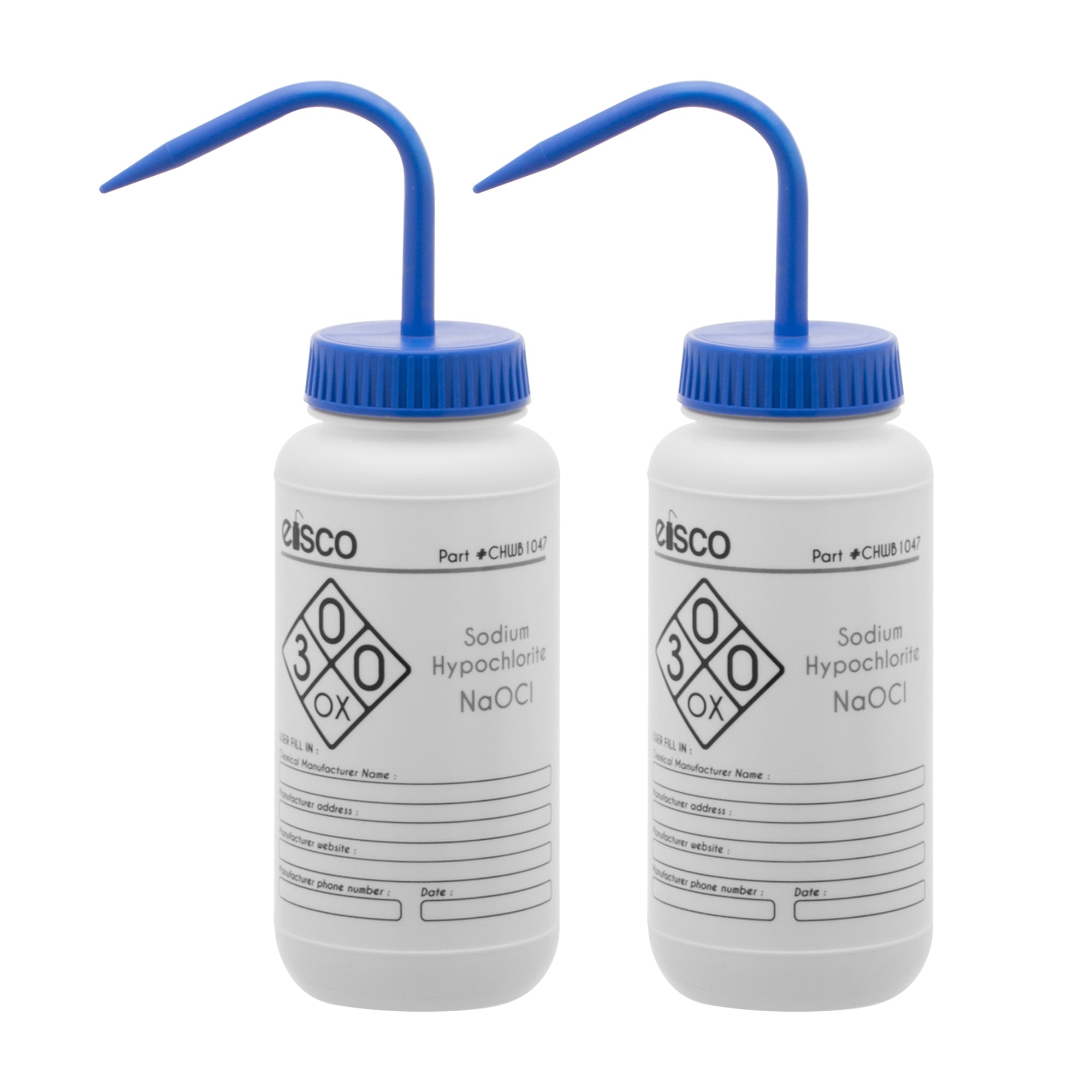 Sodium Hypochlorite (Bleach) Wash Bottle, LDPE, 2-Color Label, 500mL