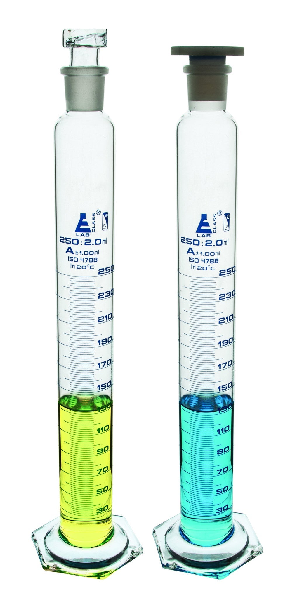 Class A Borosilicate Glass Graduated Cylinder with Polypropylene Stopper, Blue Graduations