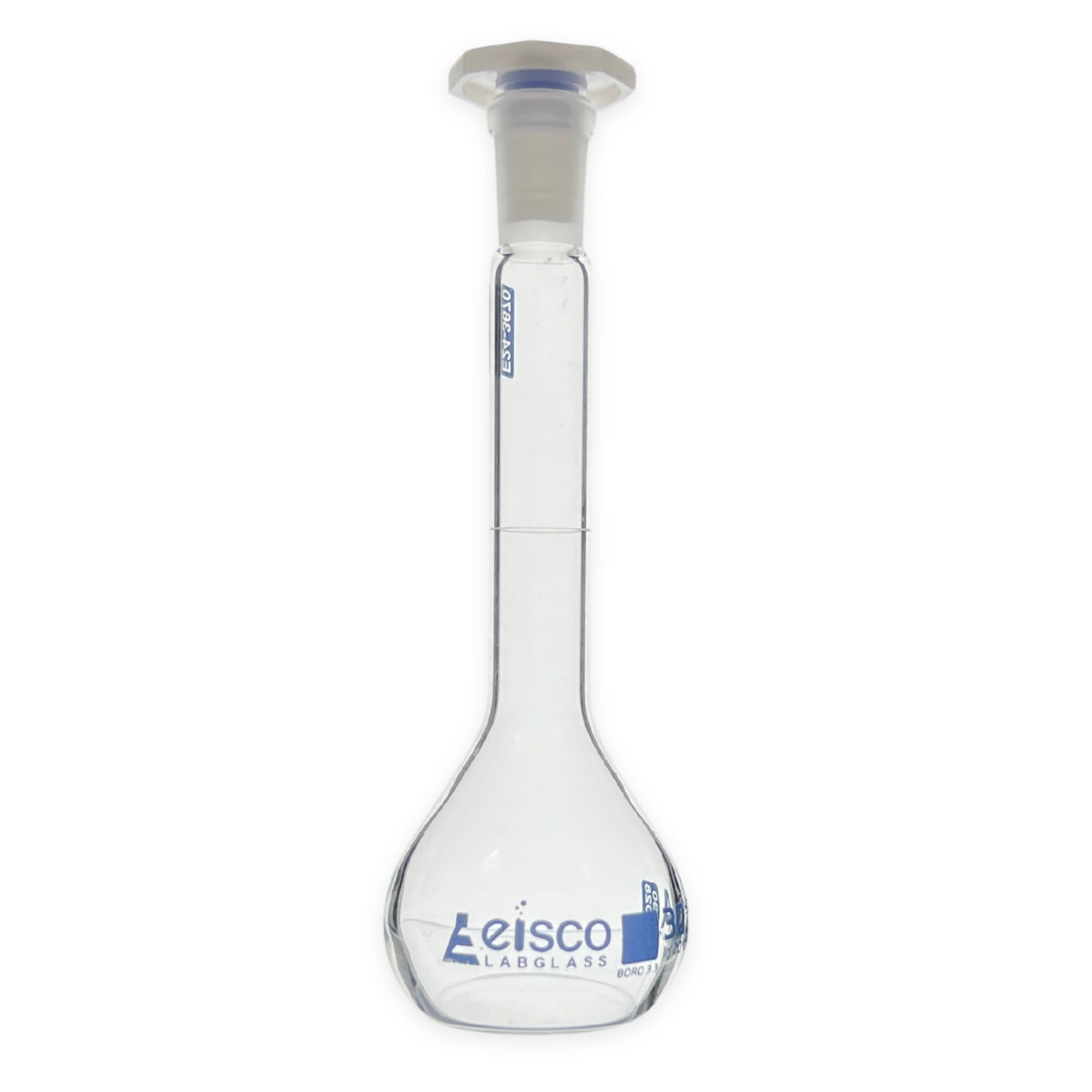 Class A Volumetric Flask with NS 10/19 Polyethylene Stopper and Individual Work Certificate, 30mL, Borosilicate Glass