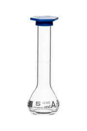 ASTM Class A Borosilicate Glass Volumetric Flask with Snap Cap, White Graduations