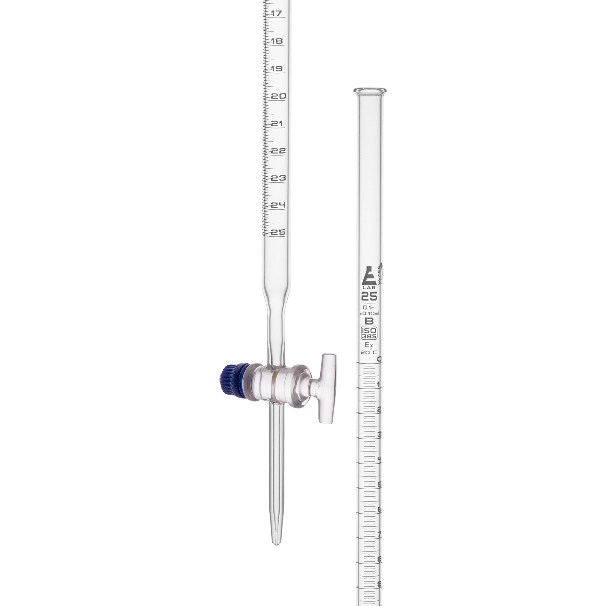 Class B Borosilicate Glass Burette with Glass Key Stopcock, White Graduations
