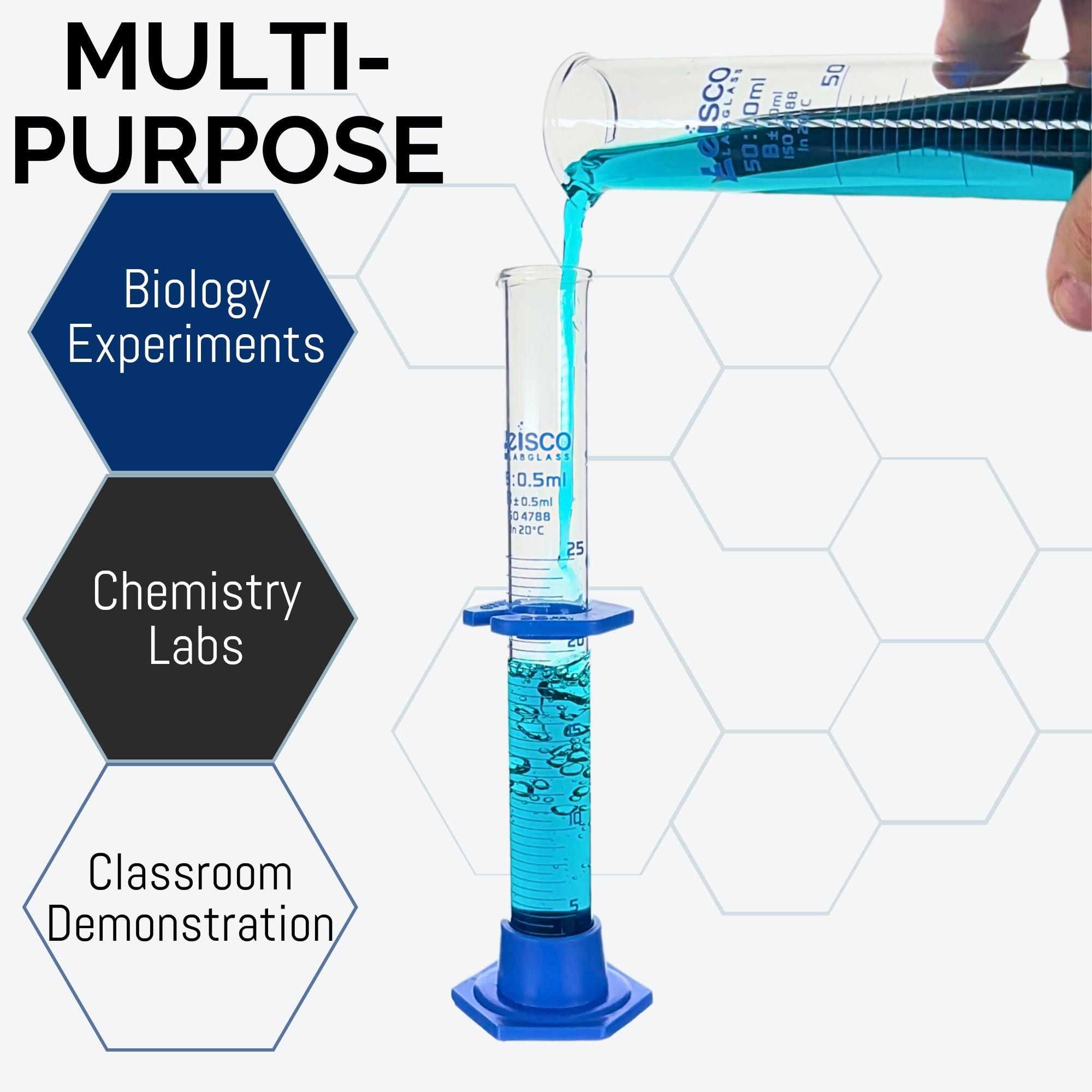 Class B Graduated Cylinder with Spout, Hexagonal Base, and Protective Collar, 25mL, Borosilicate Glass