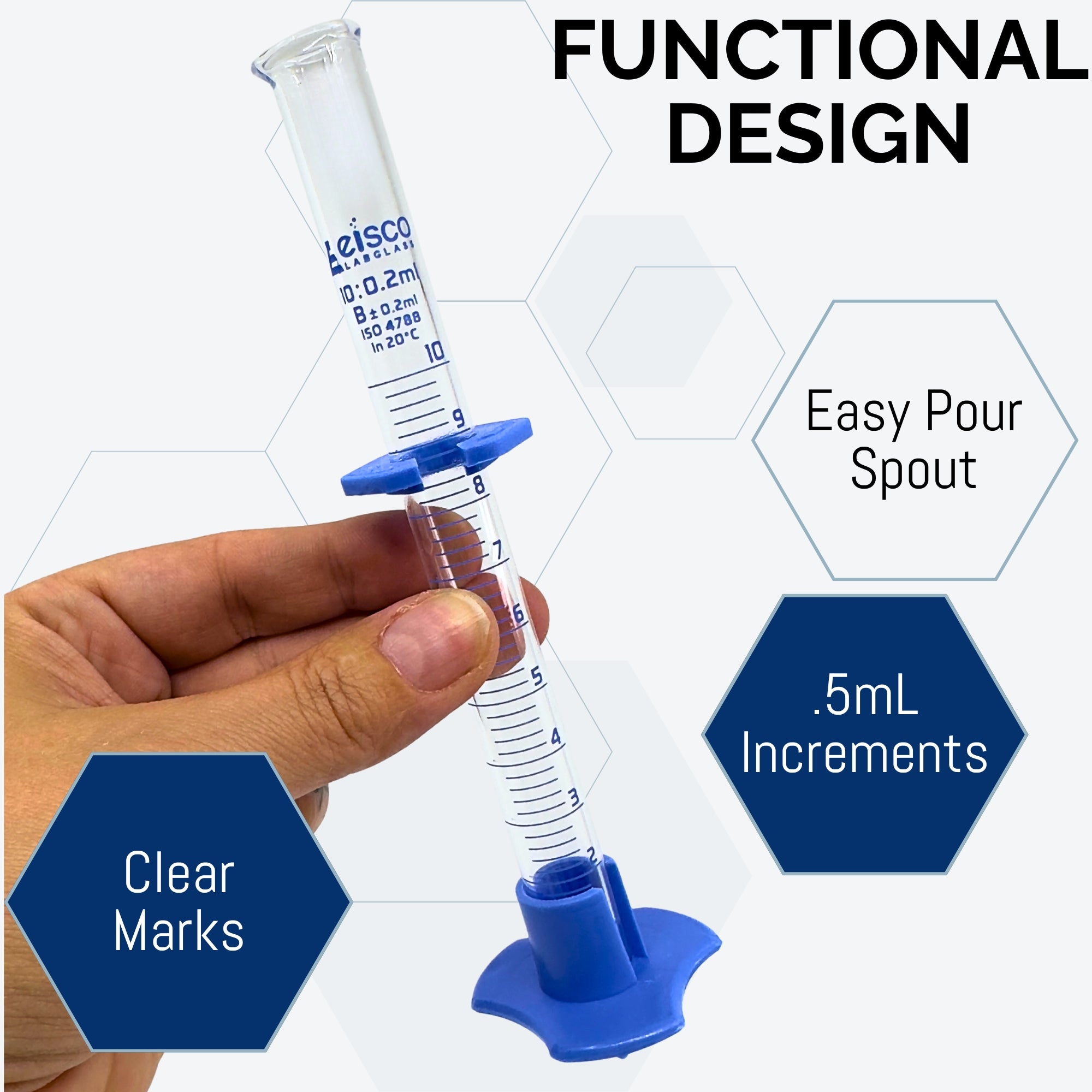 Graduated Cylinder with Hexagonal Base and Plastic Guard, 10mL, 0.2mL Graduations, Borosilicate Glass