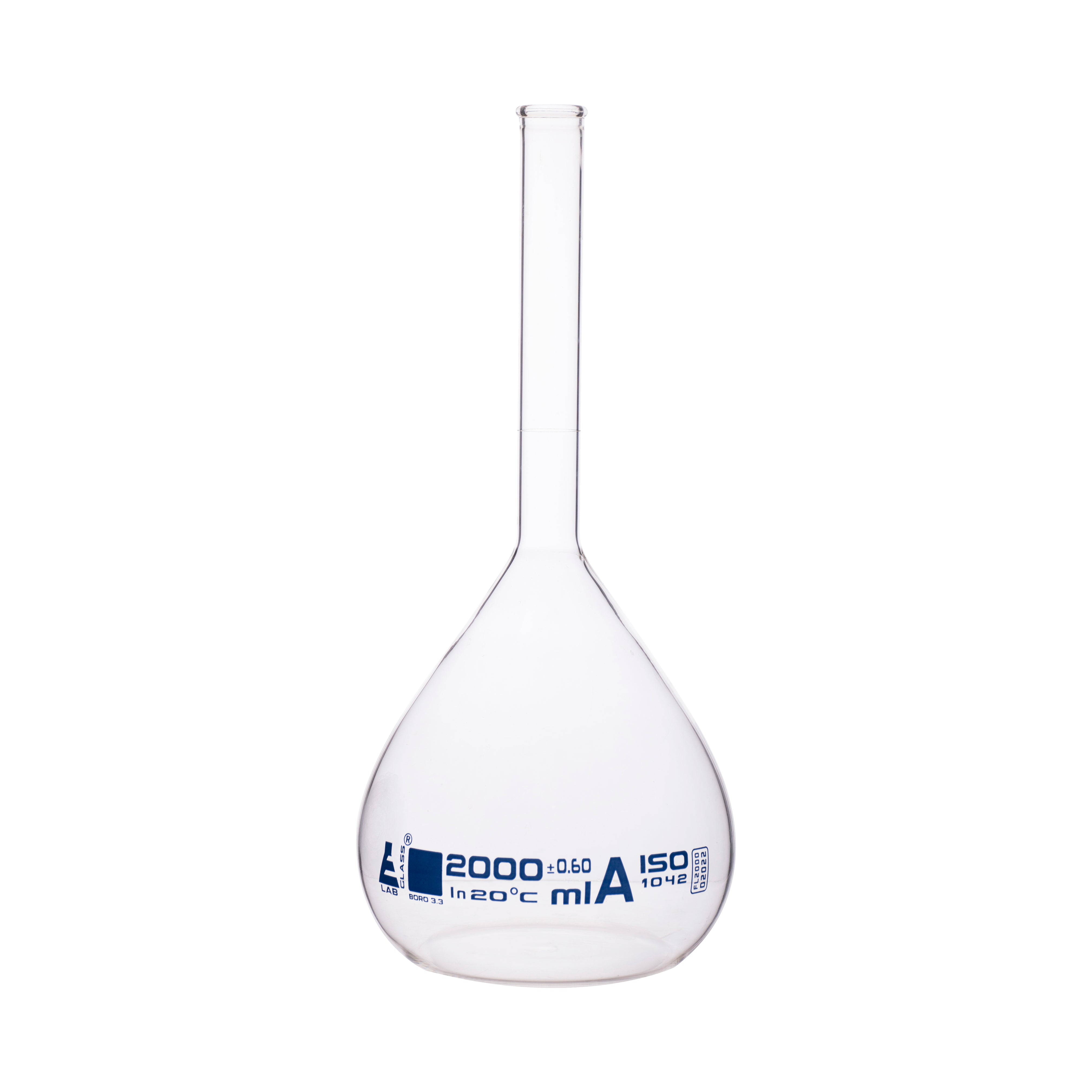 Class A Borosilicate Glass Volumetric Flask with Beaded Rim, Blue Graduations