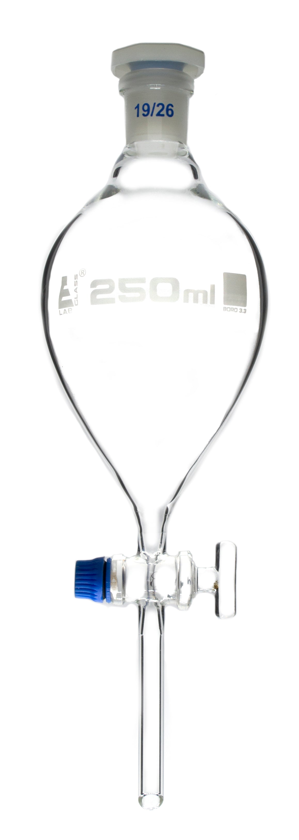 Dropping Funnel, 250mL - Pear-Shaped - With 19/26 Plastic Stopper & Glass Key Stopcock - Borosilicate Glass