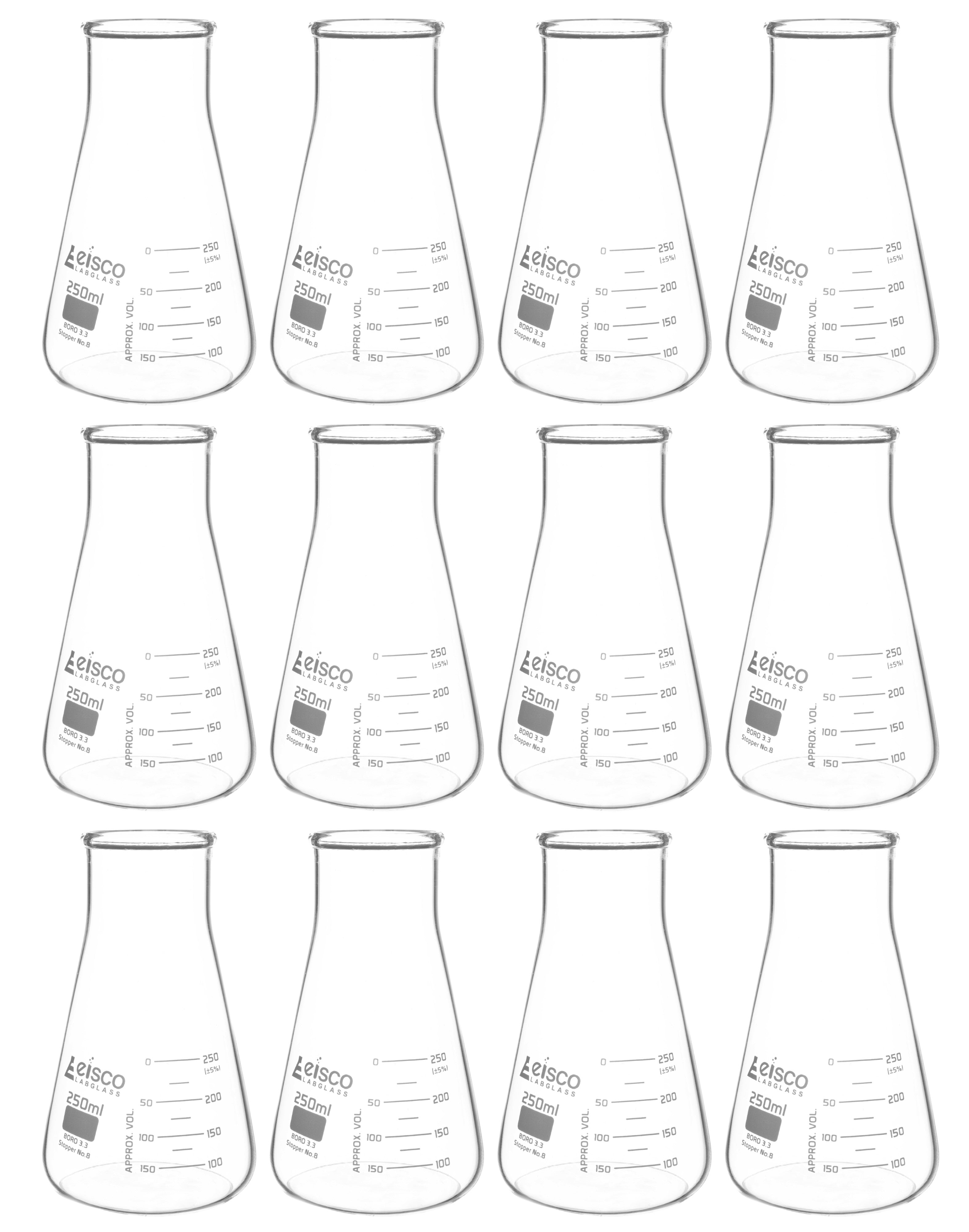 12-Pack ASTM Wide Neck Erlenmeyer Flasks with Dual Graduated Scale, 250mL, Borosilicate Glass