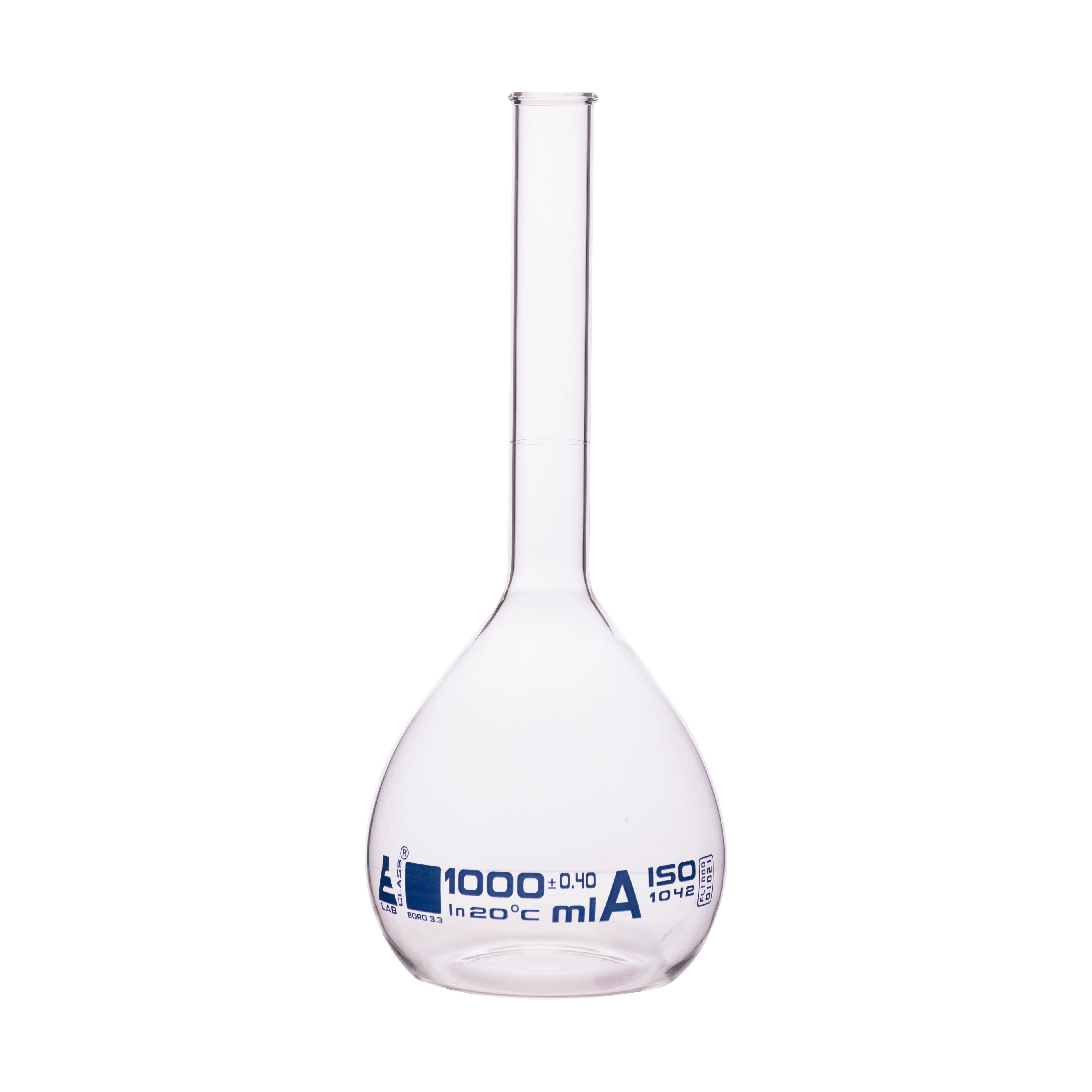 Class A Borosilicate Glass Volumetric Flask with Beaded Rim, Blue Graduations