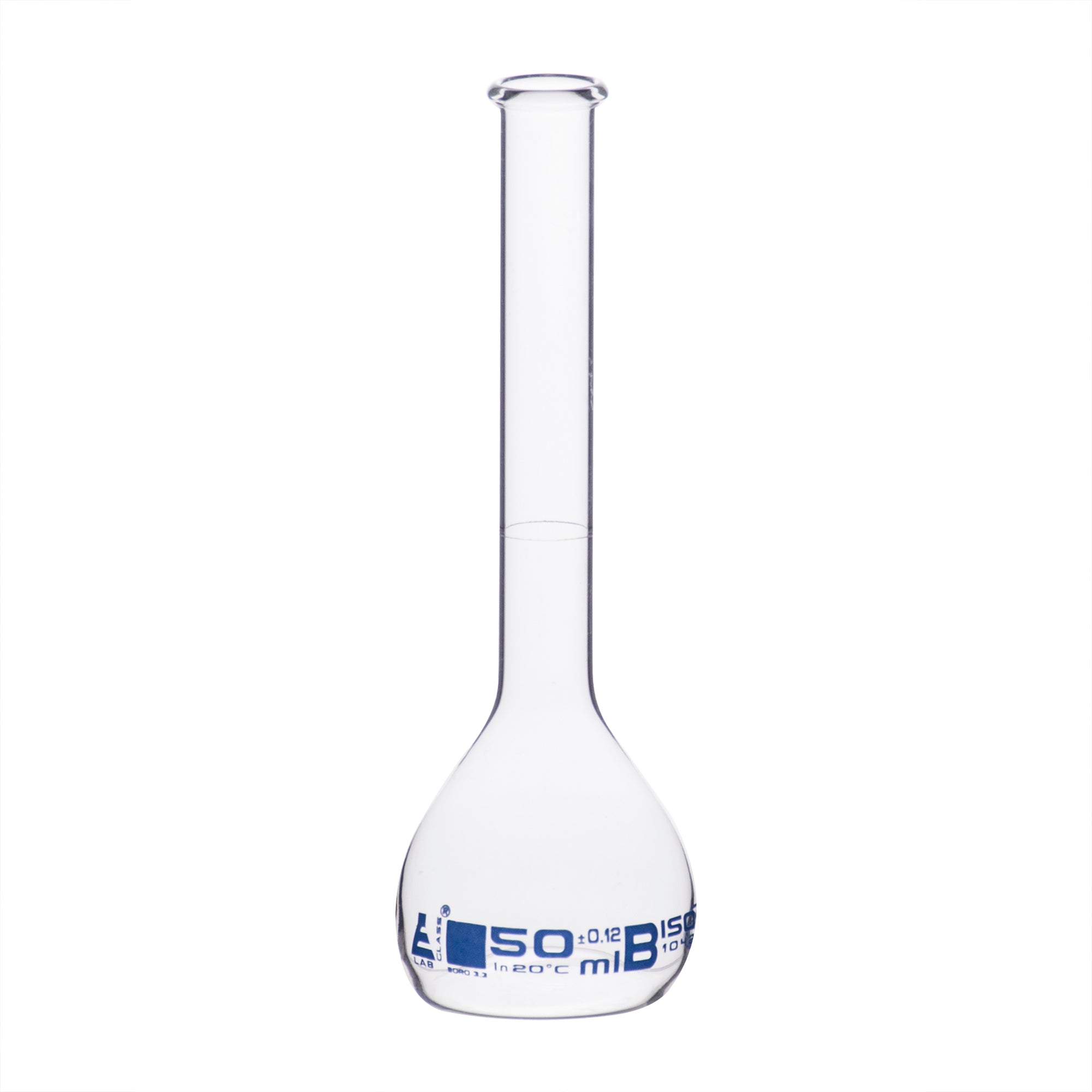 Class B Borosilicate Glass Volumetric Flask with Beaded Rim, Blue Graduations