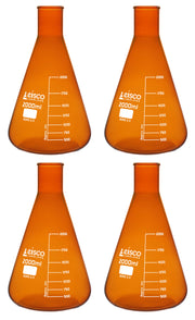 4-Pack Amber Narrow Neck Erlenmeyer Flasks, 2000mL, Borosilicate Glass