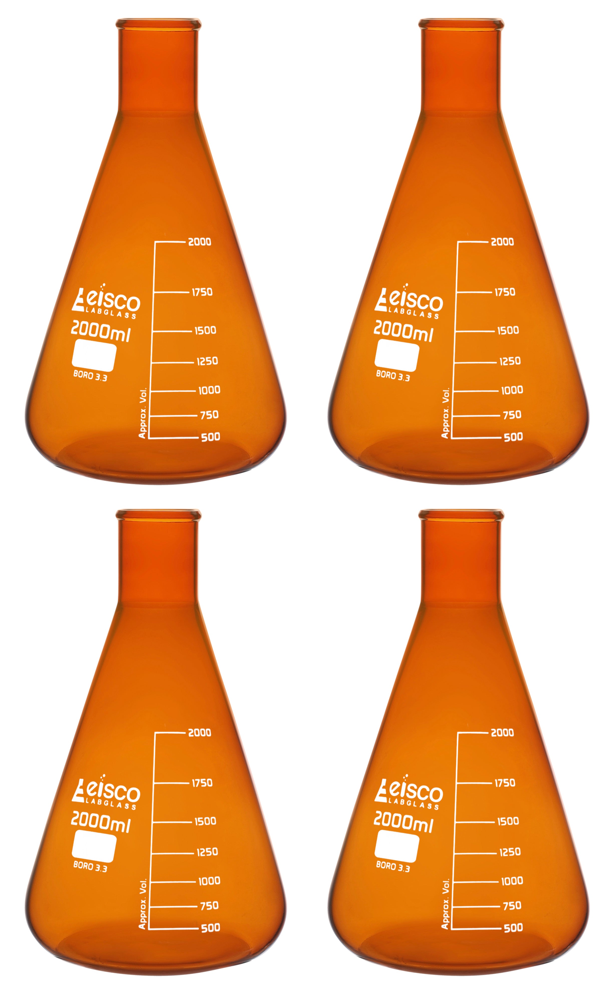 4-Pack Amber Narrow Neck Erlenmeyer Flasks, 2000mL, Borosilicate Glass