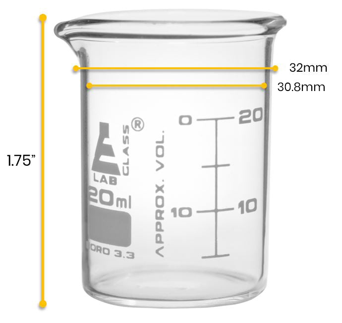 ASTM Low Form Beaker with Spout, 20mL, Dual-Scale White Graduations, Borosilicate Glass
