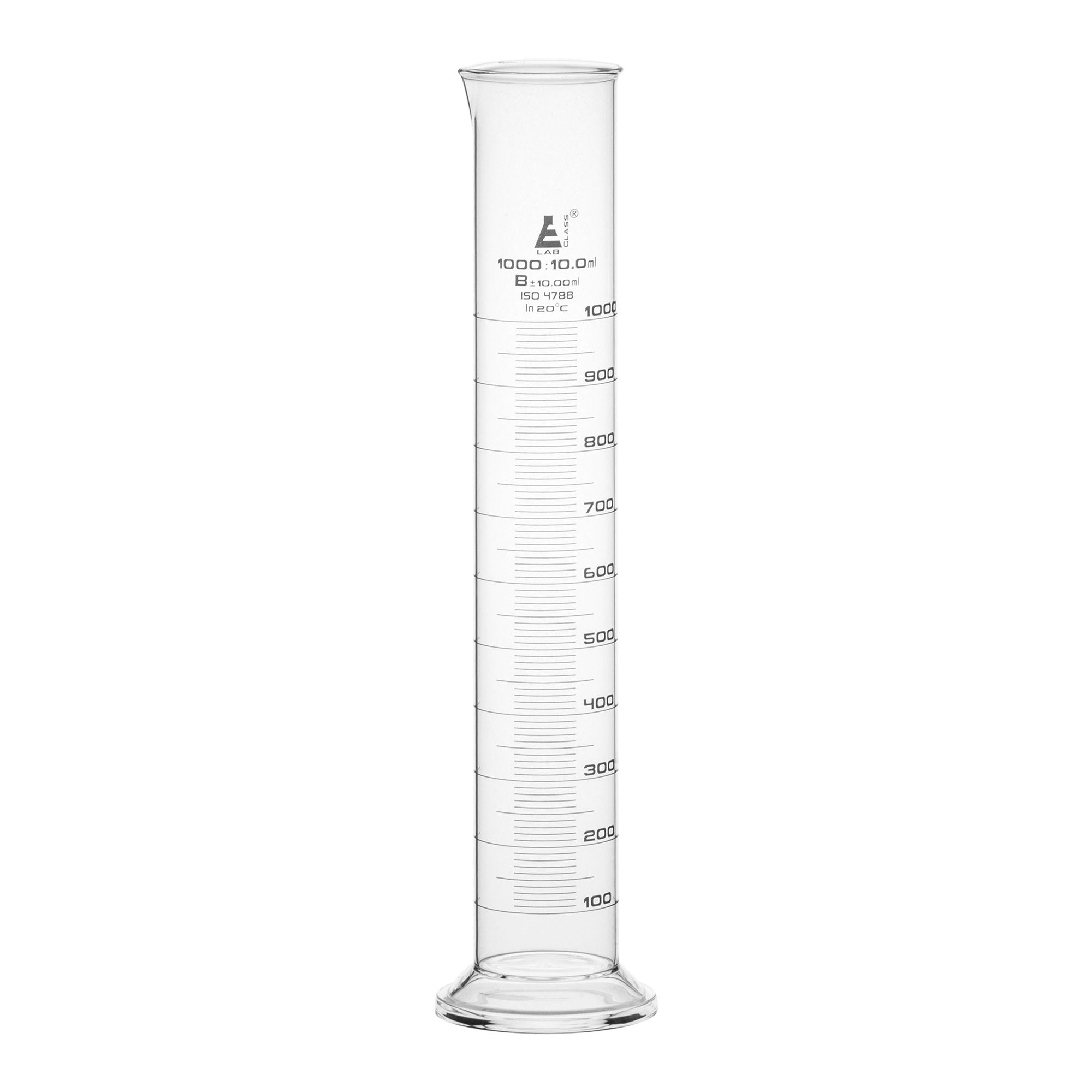 Class B Graduated Cylinder with Round Base and Spout, 1000mL, White Graduations, Borosilicate Glass