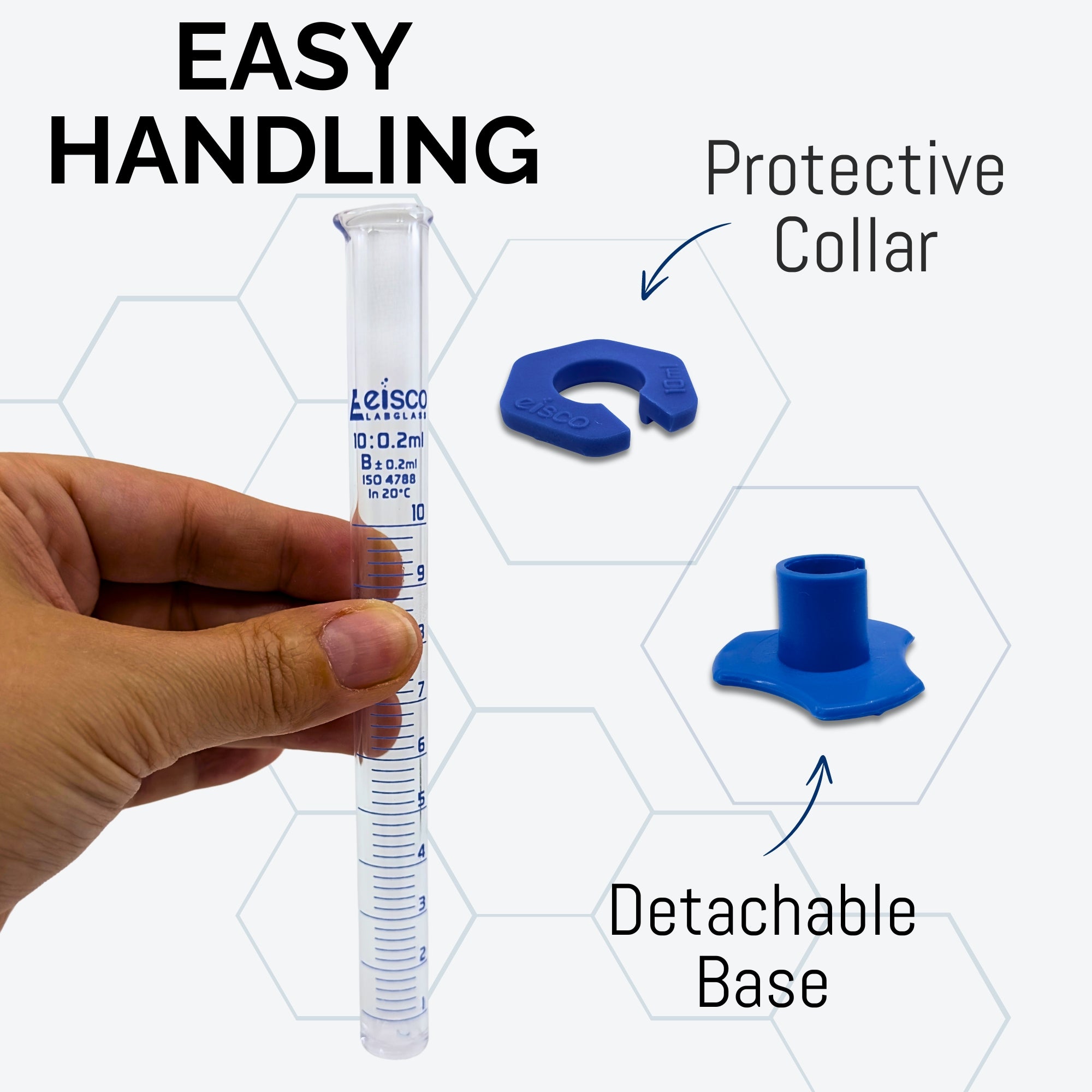 Graduated Cylinder with Hexagonal Base and Plastic Guard, 10mL, 0.2mL Graduations, Borosilicate Glass