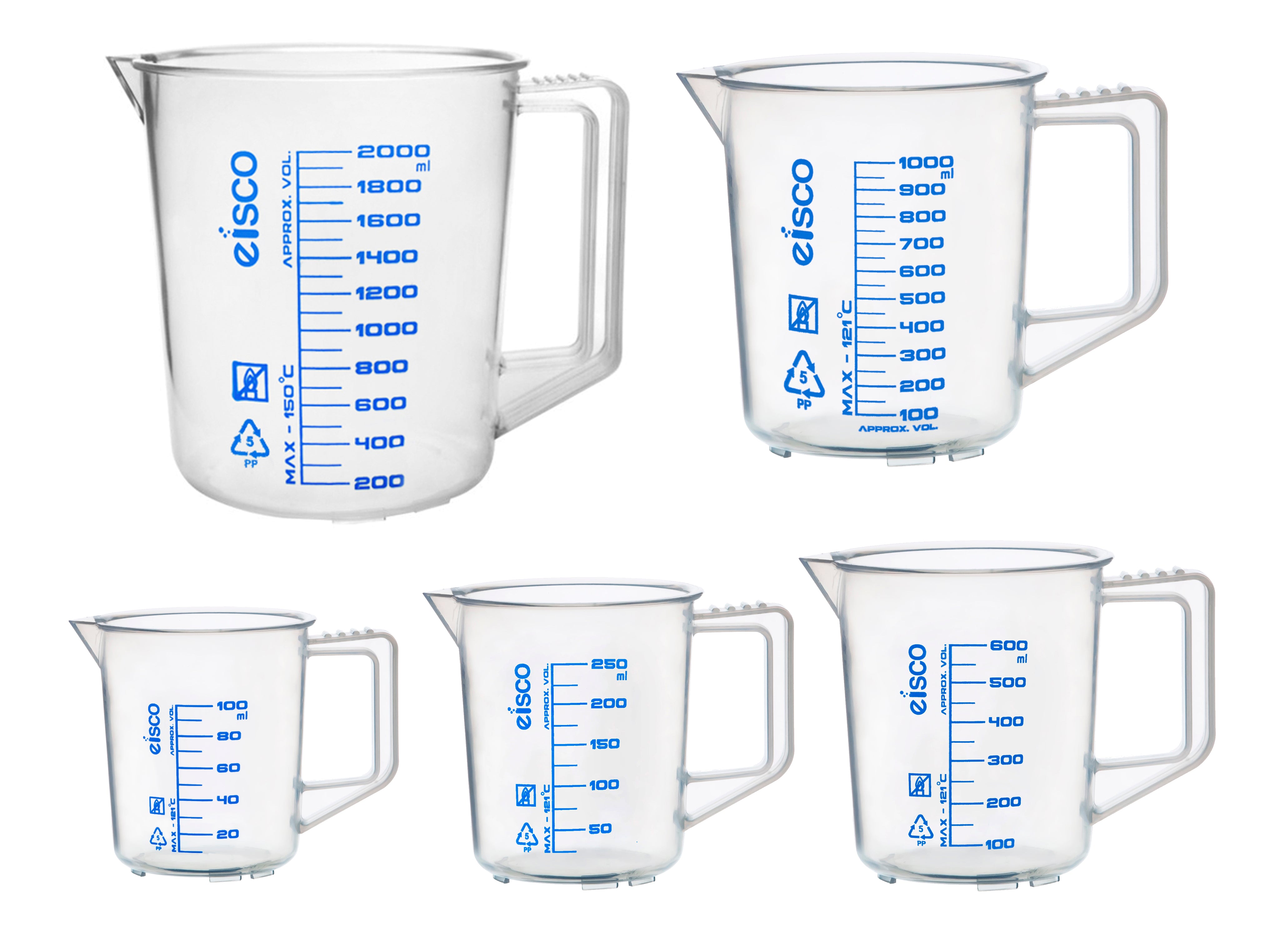 5-Piece Polypropylene Measuring Pitcher Set with Screen-Printed Graduations, 100/250/600/1000/2000mL