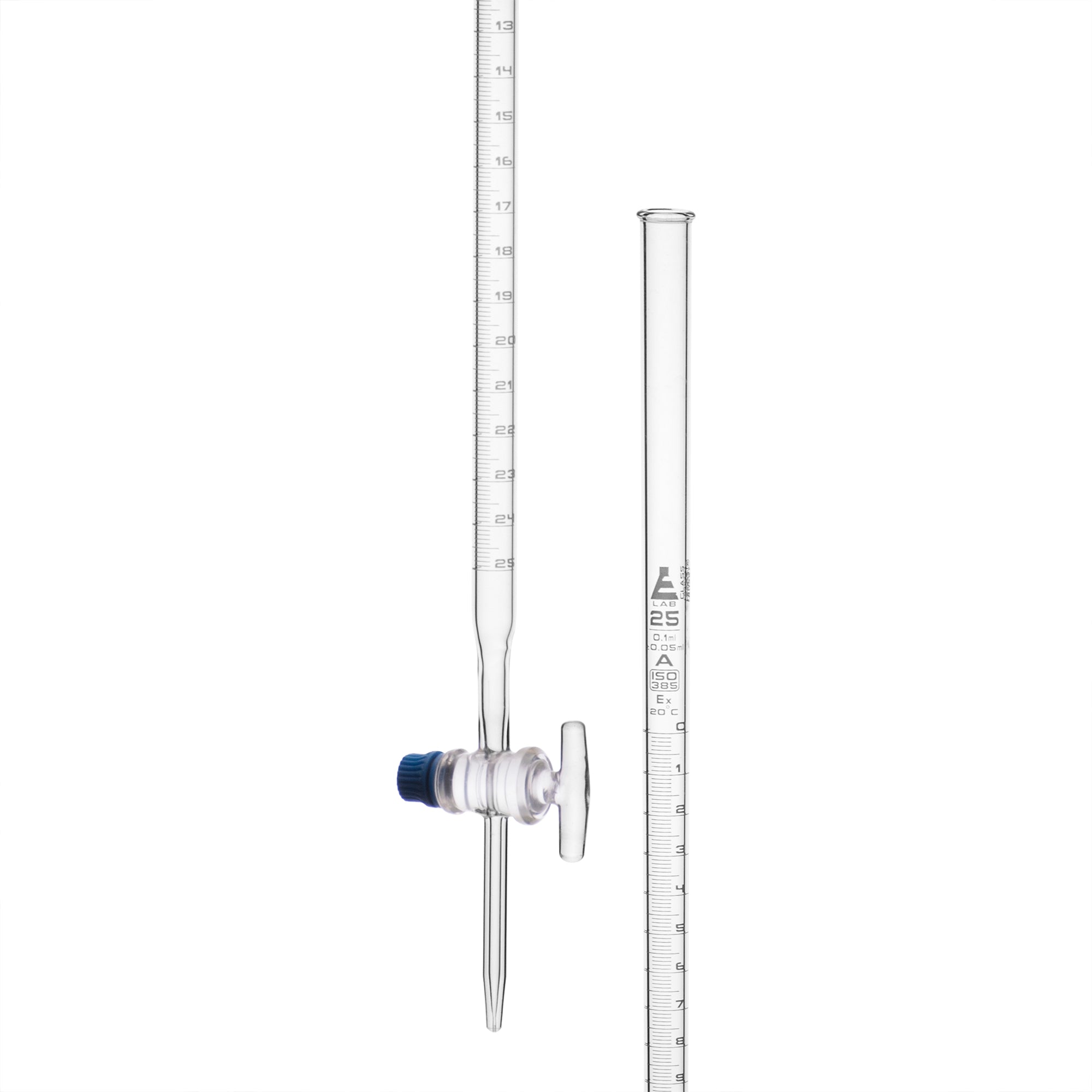 Class A Burette with Glass Key Stopcock, 25mL, White Graduations, Borosilicate Glass