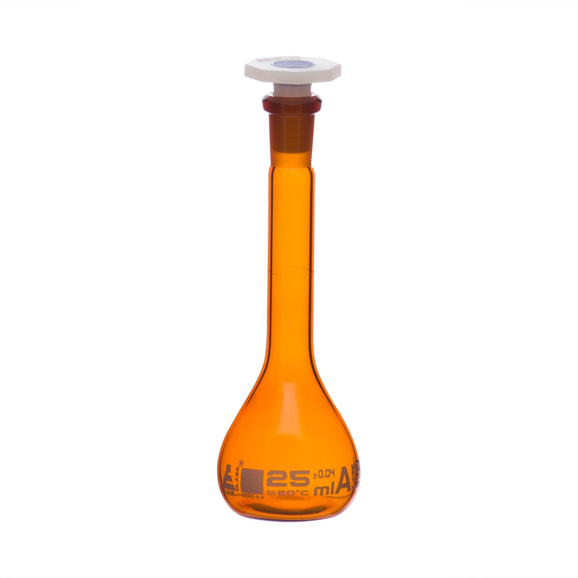 Class A Amber Borosilicate Glass Volumetric Flask with Polypropylene Stopper, White Graduations