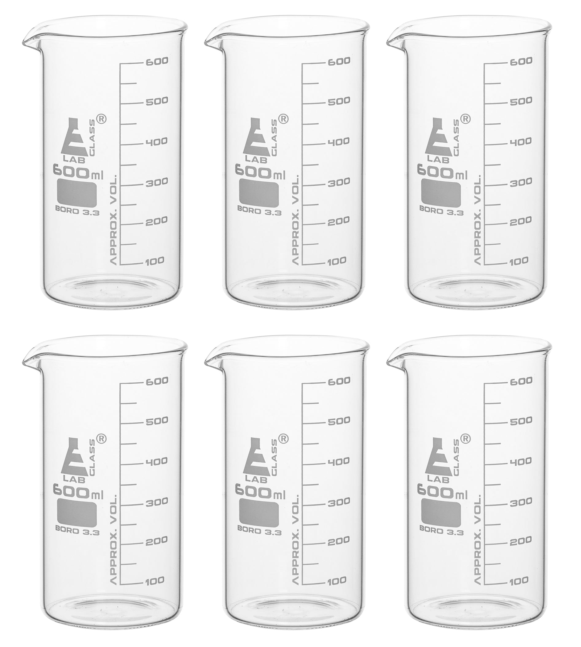 Tall Form Borosilicate Glass Beaker with Spout, 6-Pack