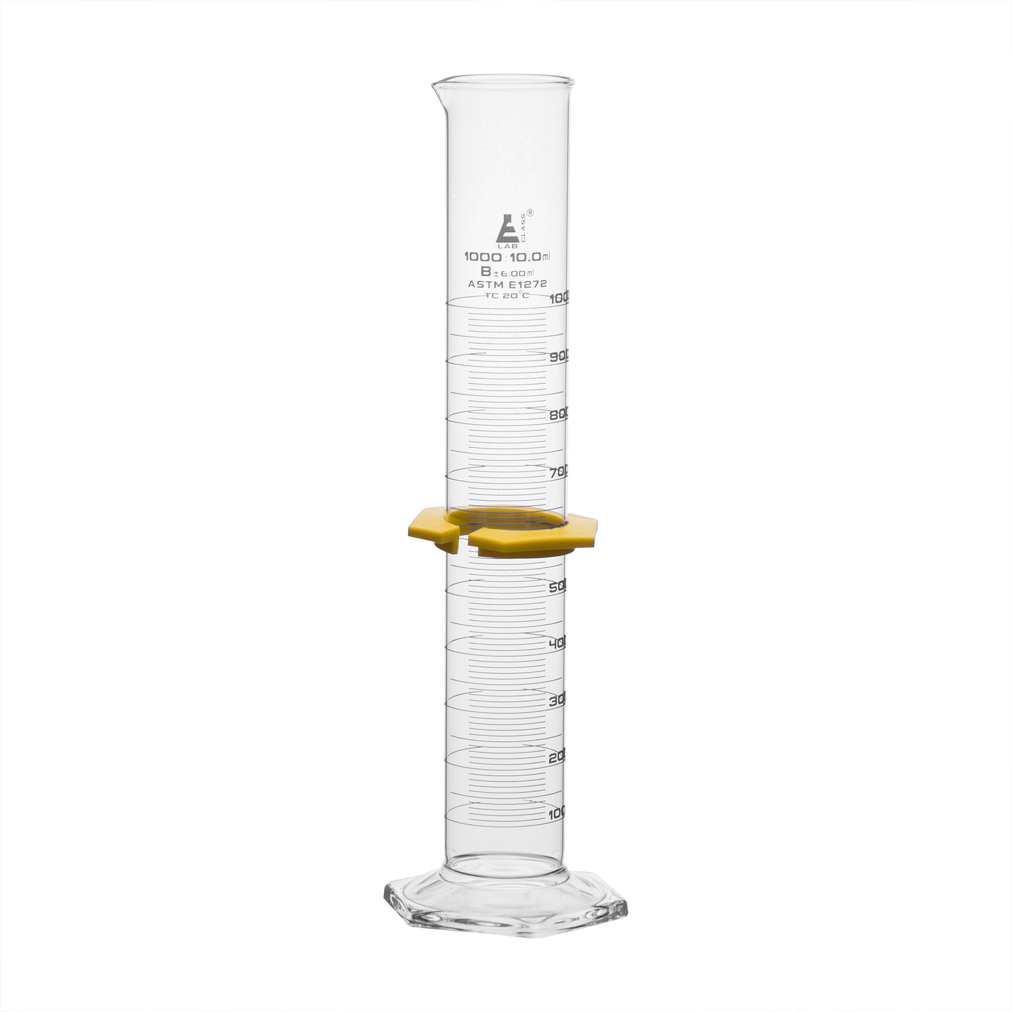 Class B Graduated Cylinder with Hexagonal Base, 1000mL, White Graduations, Borosilicate Glass