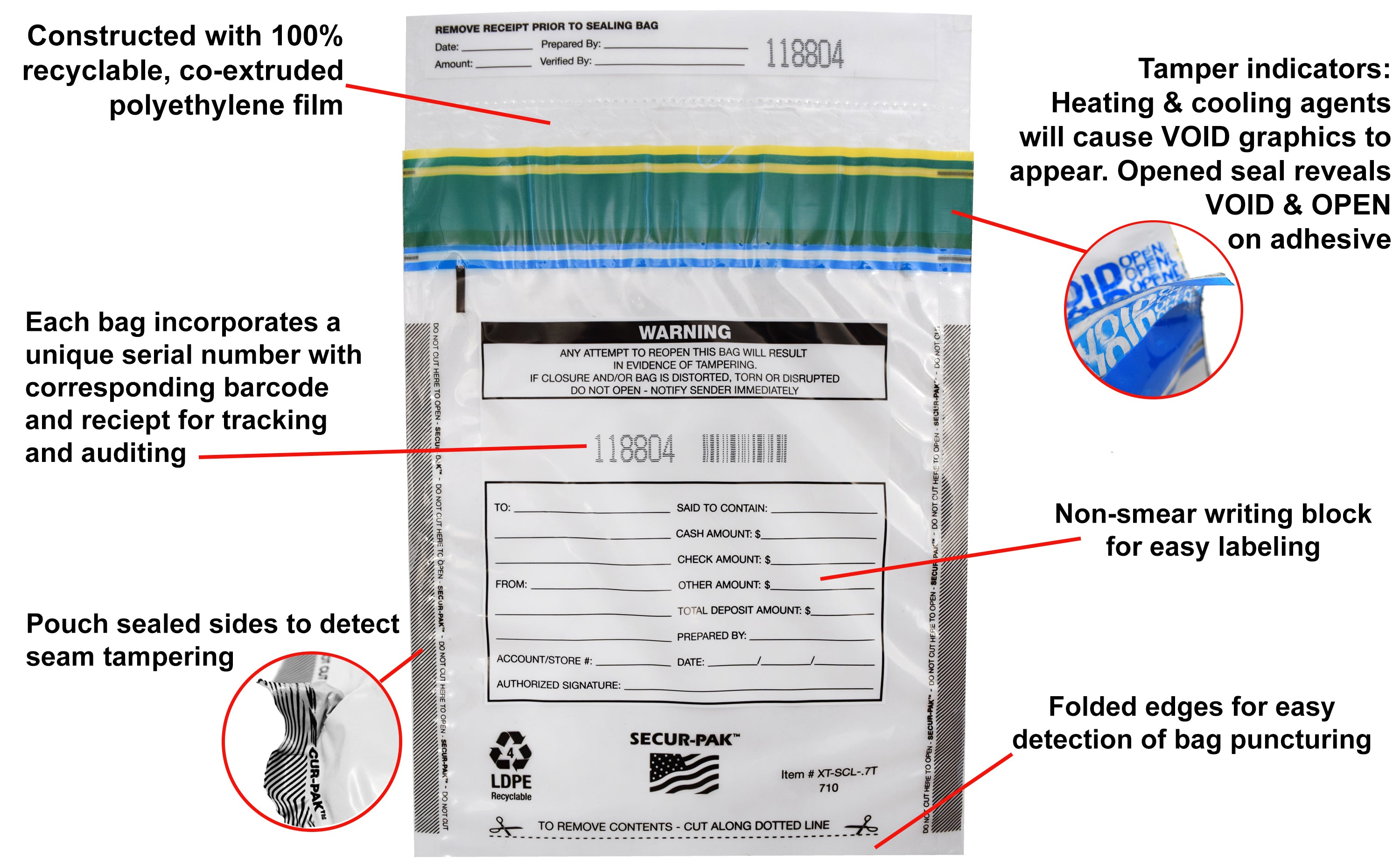 Premium Tamper-Evident Self-Sealing Security Bags, 7 x 10", 100-Pack