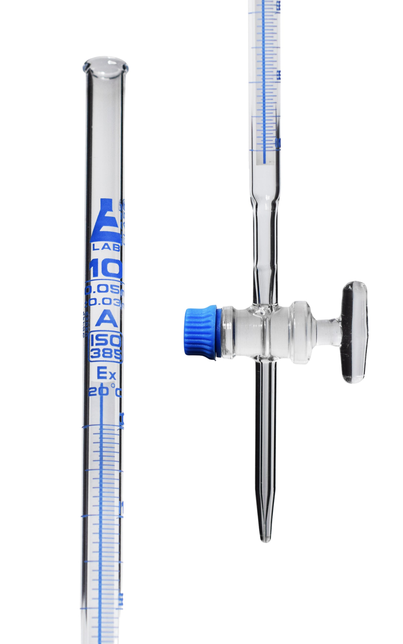 Class A Schellbach Borosilicate Glass Burette with Glass Stopcock, Blue Graduations
