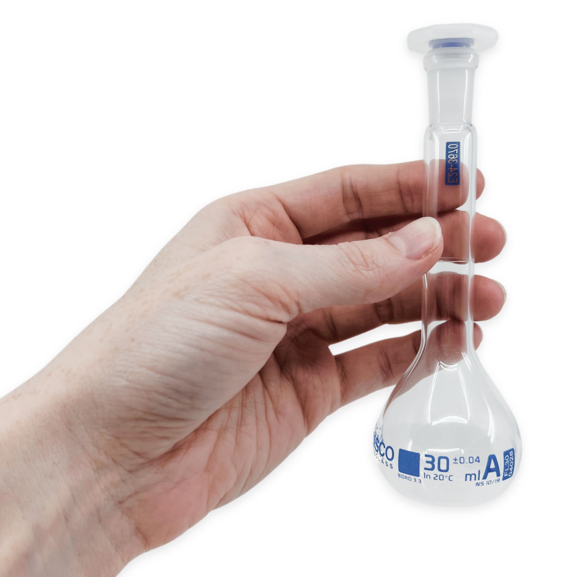 Class A Volumetric Flask with NS 10/19 Polyethylene Stopper and Individual Work Certificate, 30mL, Borosilicate Glass