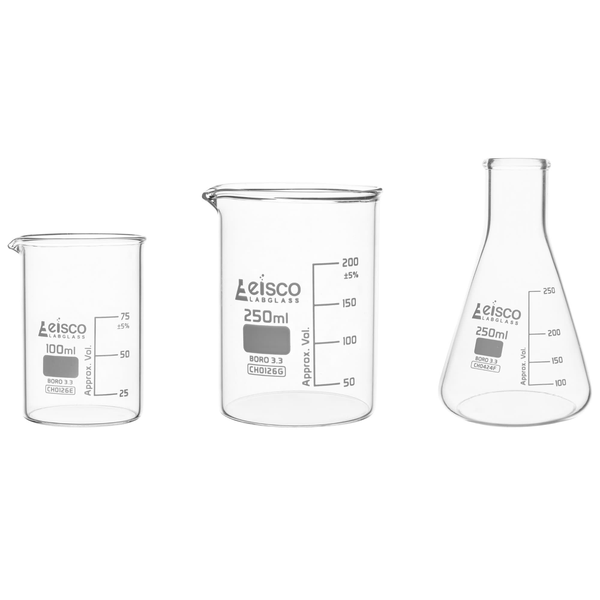 Glass Titration Set with Beakers, Graduated Cylinders, Erlenmeyer Flask and Burette, Borosilicate Glass