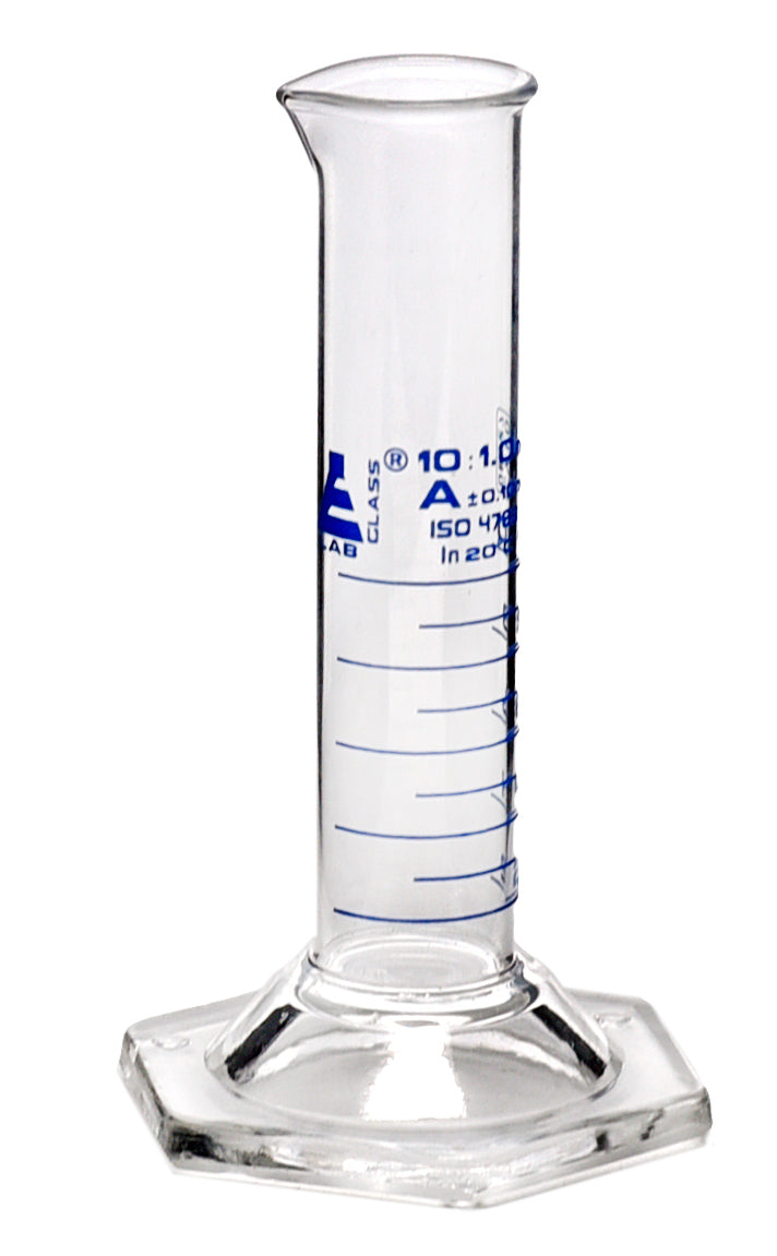 Class A Squat Form Borosilicate Glass Graduated Cylinder with Blue Graduations