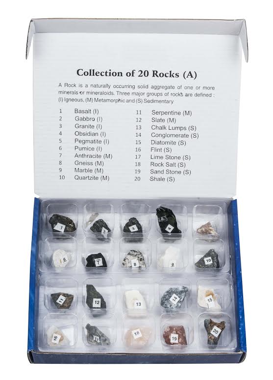 20-Piece Igneous, Metamorphic and Sedimentary Rock Specimen Set in Laminated Box