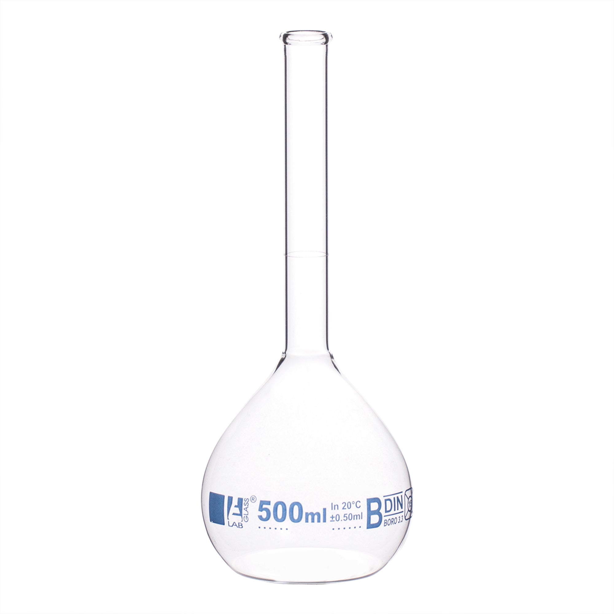 Class B Borosilicate Glass Volumetric Flask with Beaded Rim, Blue Graduations