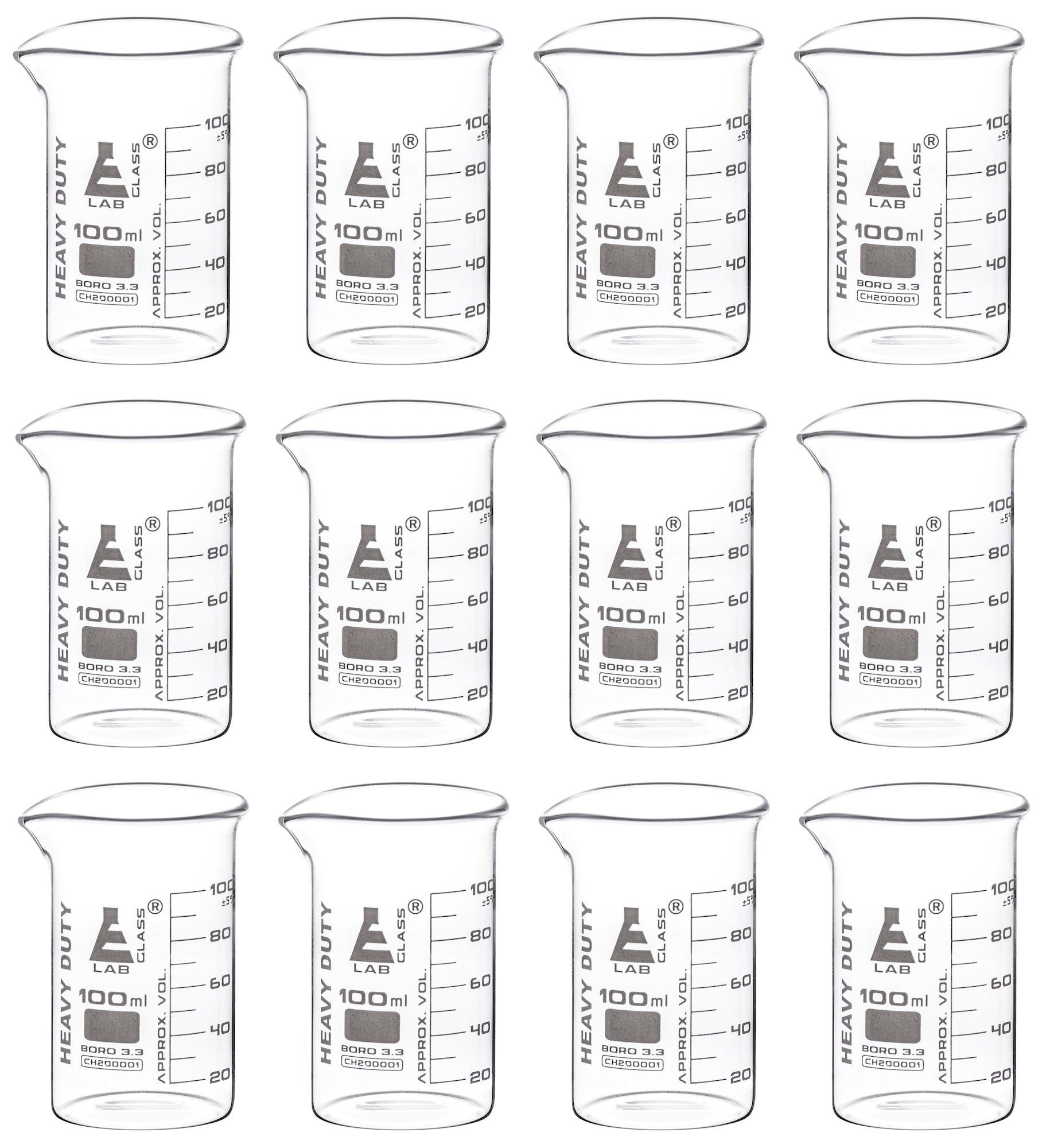 Heavy Duty Borosilicate Glass Beaker with White Graduations, 12-Pack