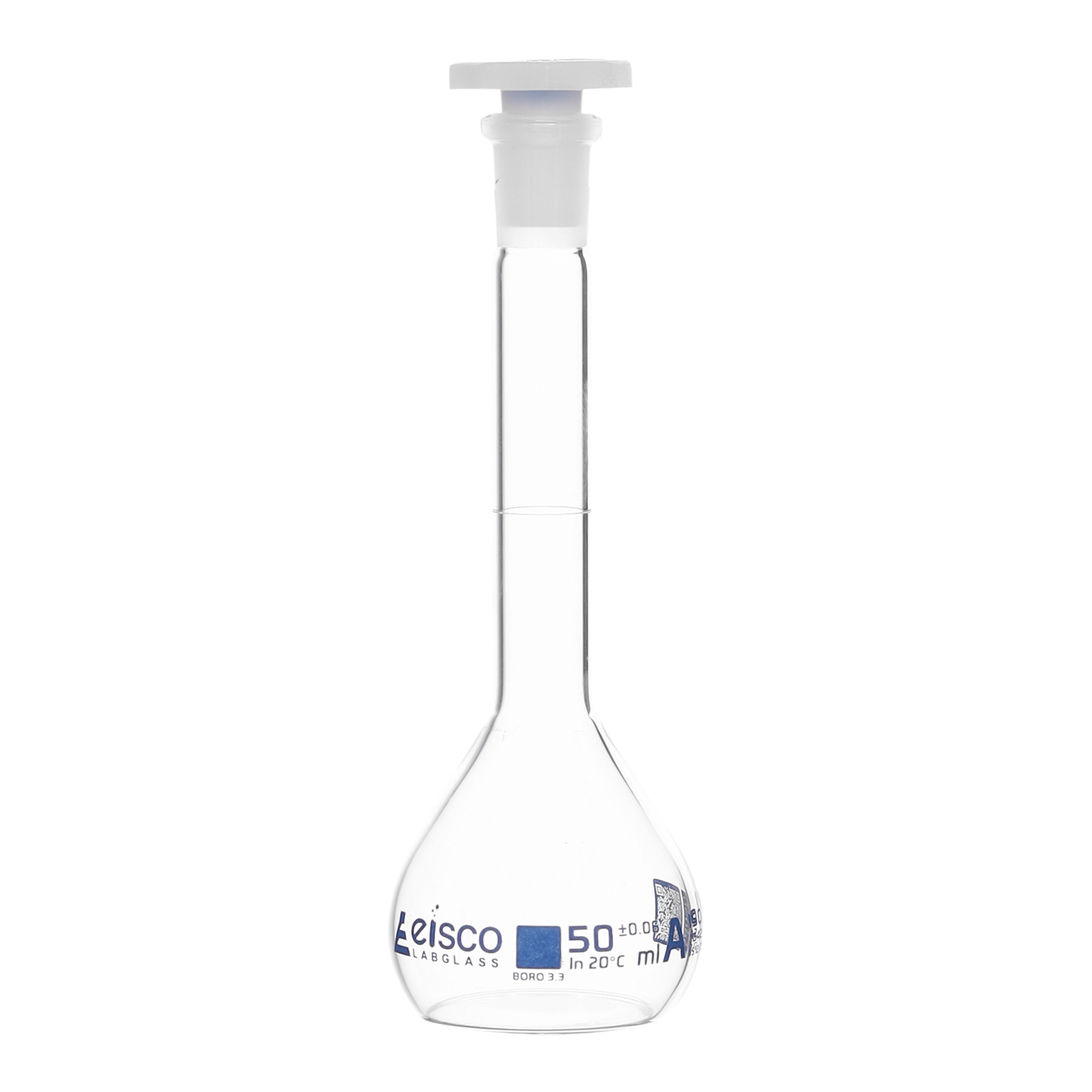 Class A Borosilicate Glass Volumetric Flask with Polyethylene Stopper, QR Certificate