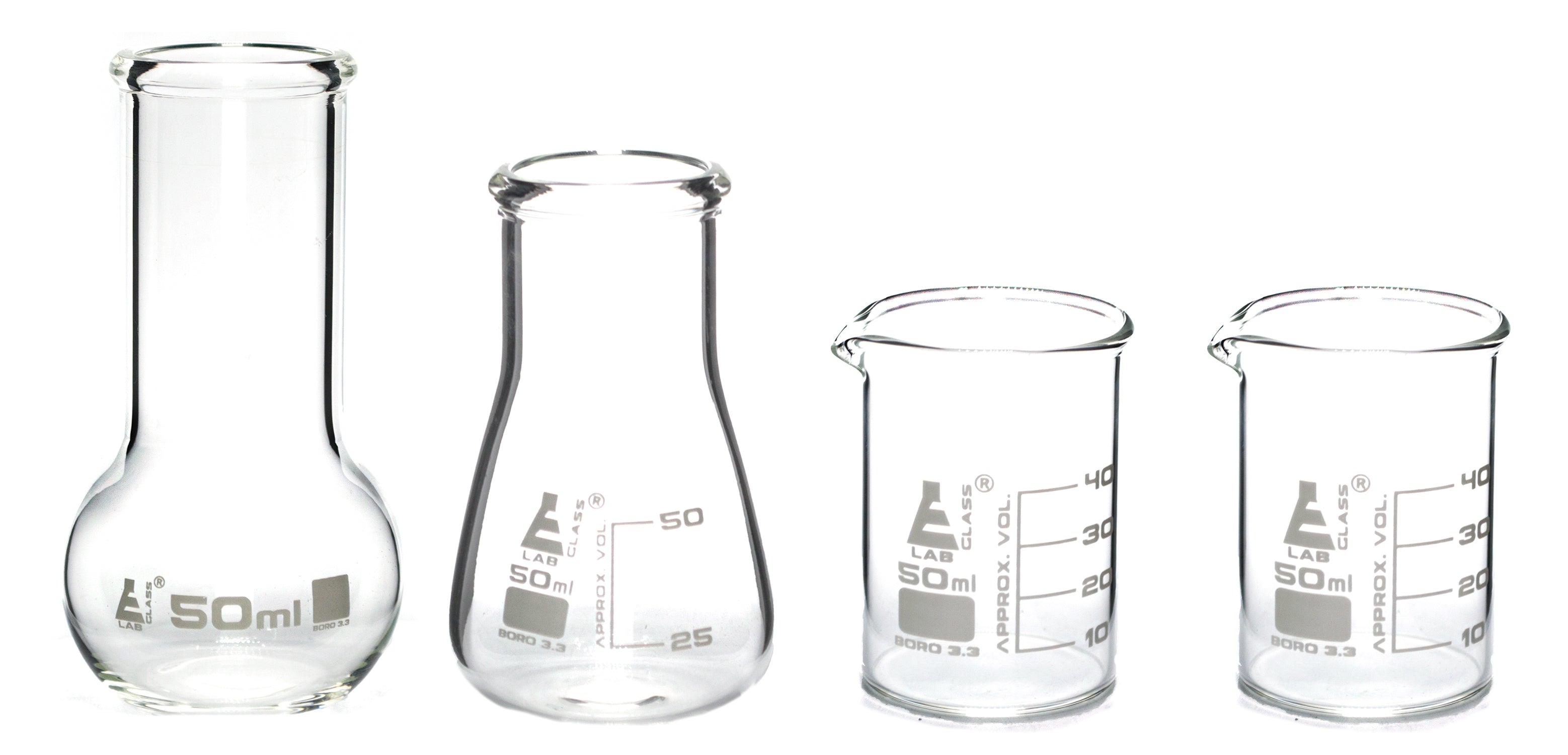 4-Piece Premium Borosilicate 3.3 Glass Laboratory Flask and Beaker Shot Glass Set