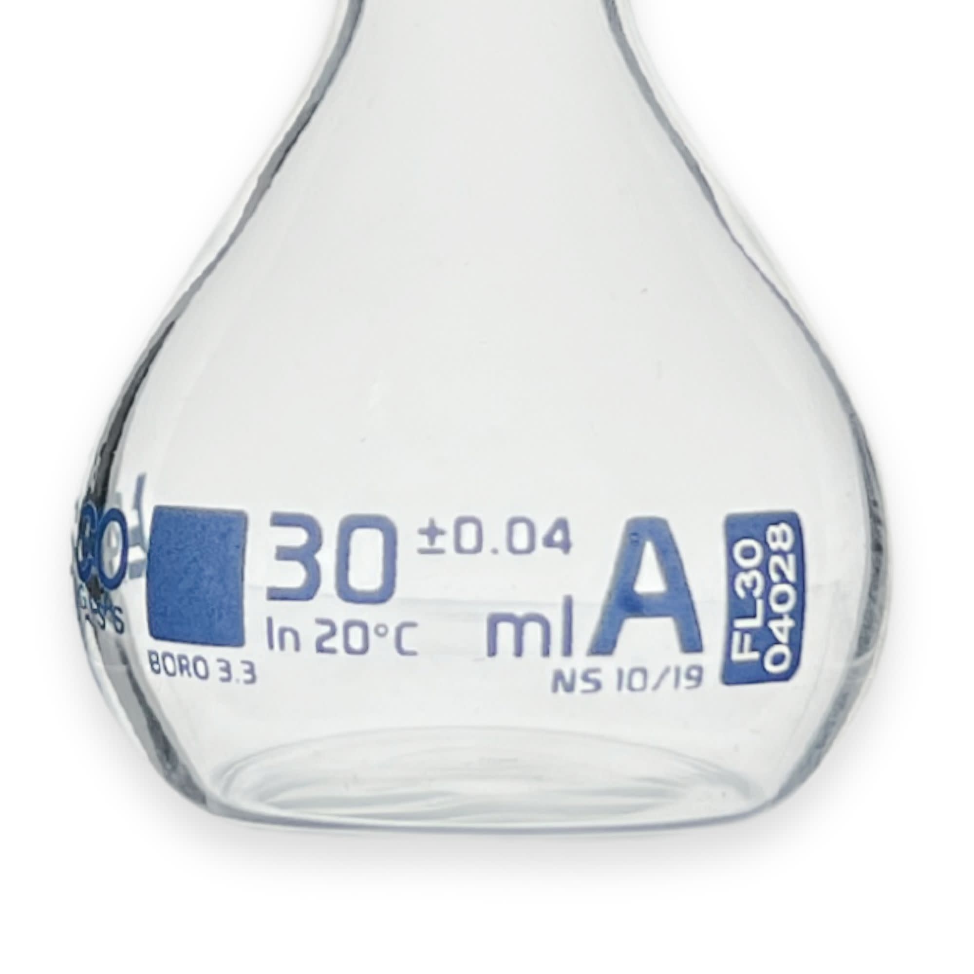 Class A Volumetric Flask with NS 10/19 Polyethylene Stopper and Individual Work Certificate, 30mL, Borosilicate Glass