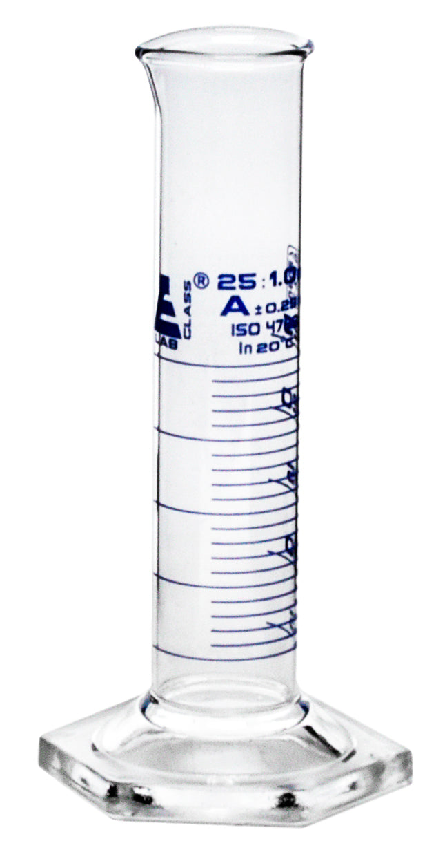 Class A Squat Form Borosilicate Glass Graduated Cylinder with Blue Graduations