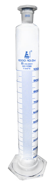 Graduated Cylinder, 1000mL - Class B - 29/32 Polypropylene Stopper - Hexagonal Base - Blue Graduations - Borosilicate Glass