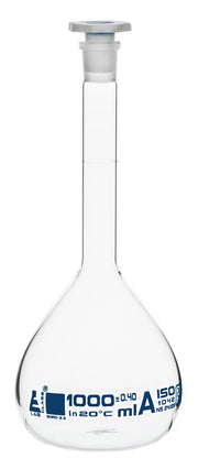 Borosilicate Flask, 1000mL - Class A - 24/29 Socket Size - Polypropylene Stopper - Includes Individual Work Certificate