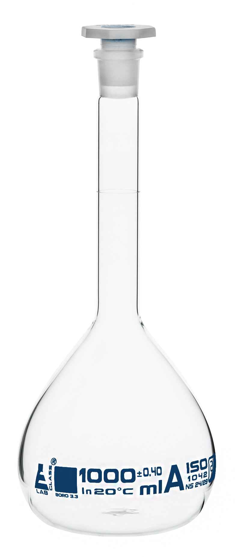 Borosilicate Flask, 1000mL - Class A - 24/29 Socket Size - Polypropylene Stopper - Includes Individual Work Certificate