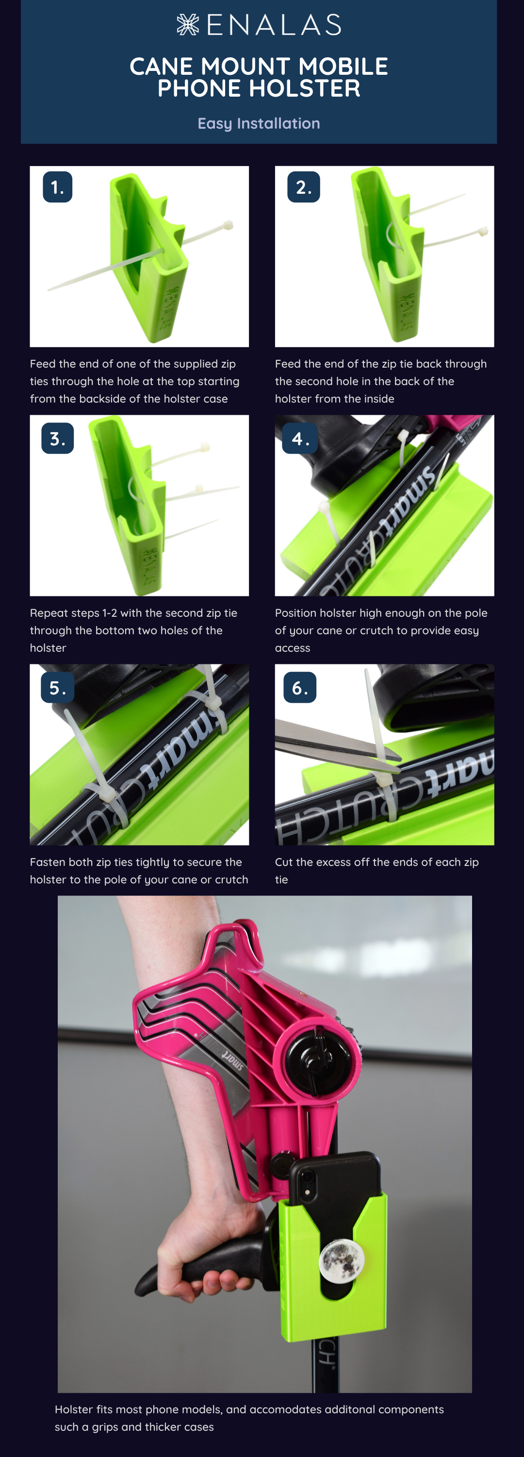 Cane Mount Mobile Phone Holster - Accommodates Most Mobile Phone Models