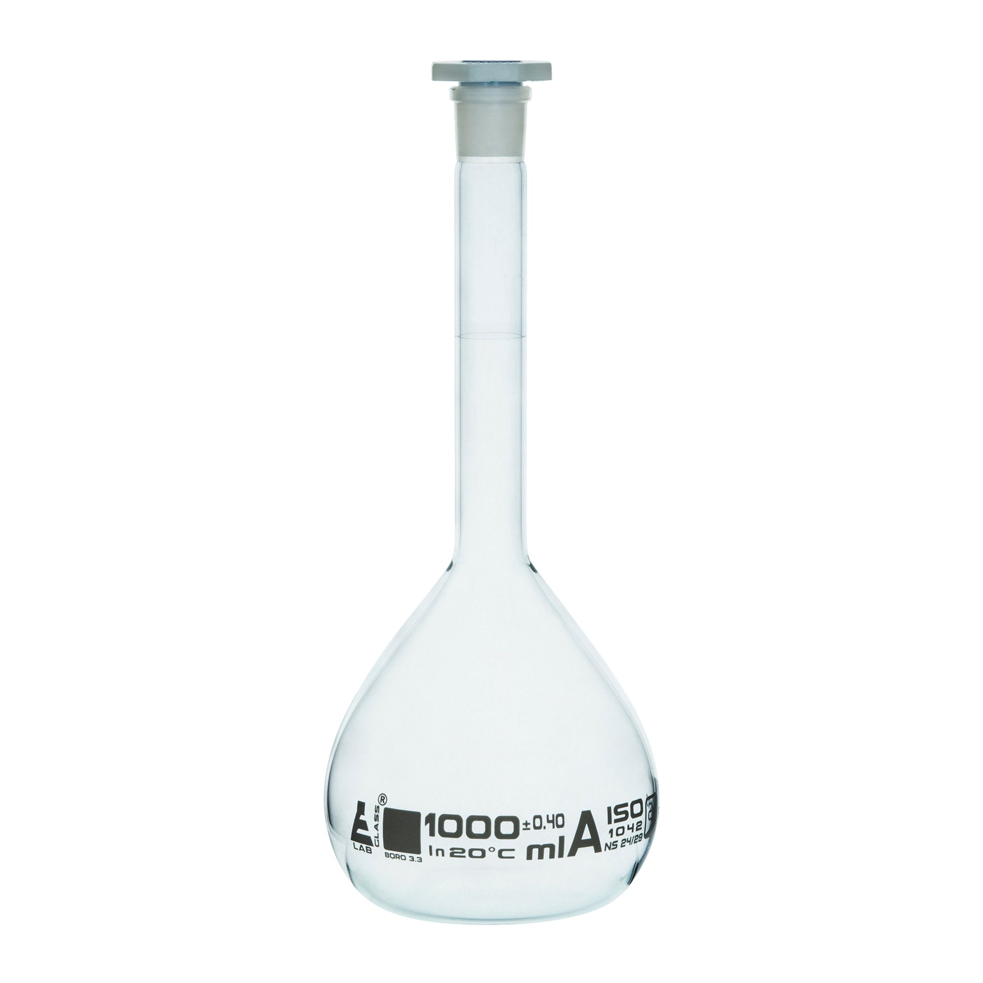 Class A Borosilicate Glass Volumetric Flask with Polyethylene Stopper, White Graduations