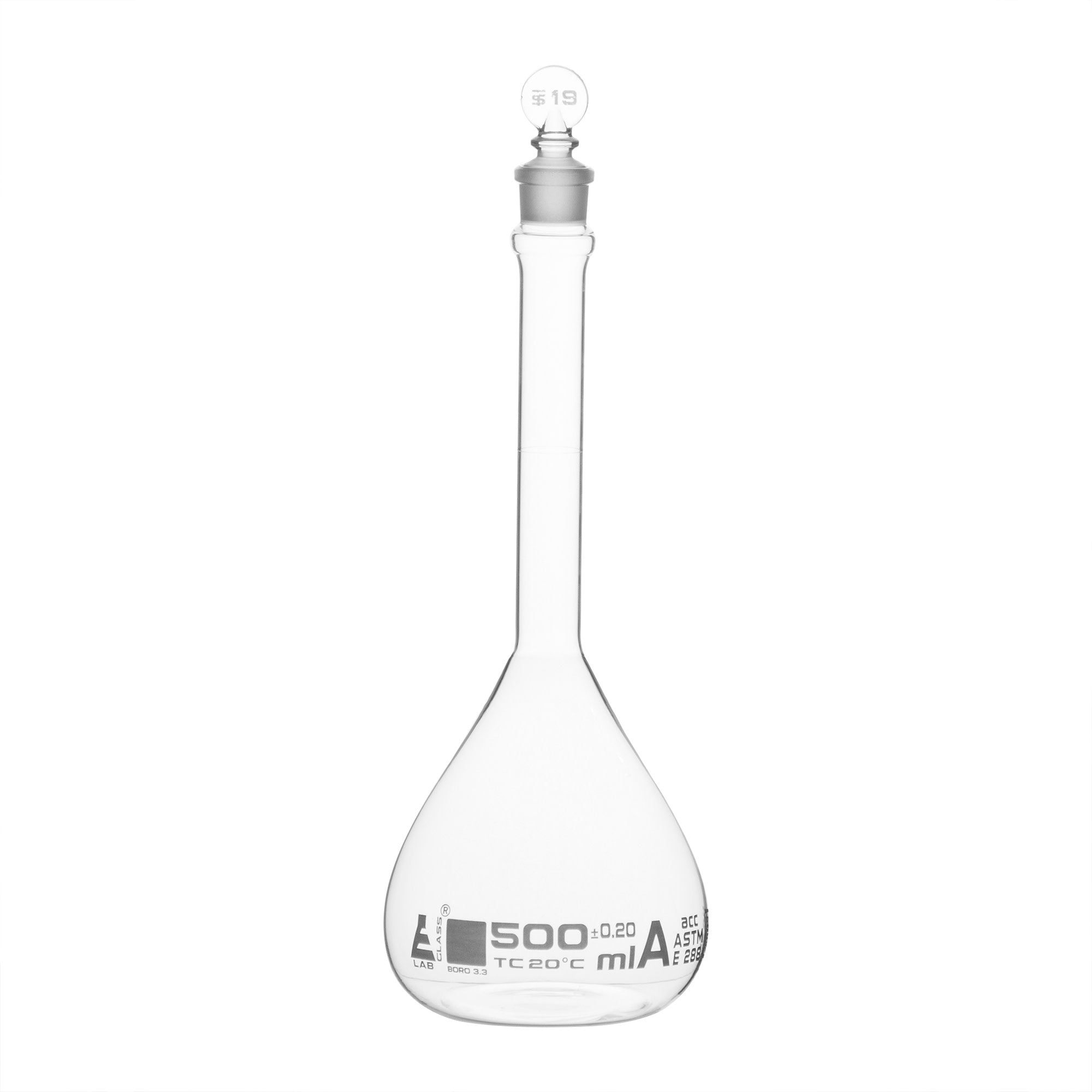 ASTM Class A Borosilicate Glass Volumetric Flask with Glass Stopper, White Graduations