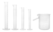 Class B 5-Piece Autoclavable Polypropylene Graduated Cylinder Set with Displacement Vessel, 10/25/50/100 + 250mL