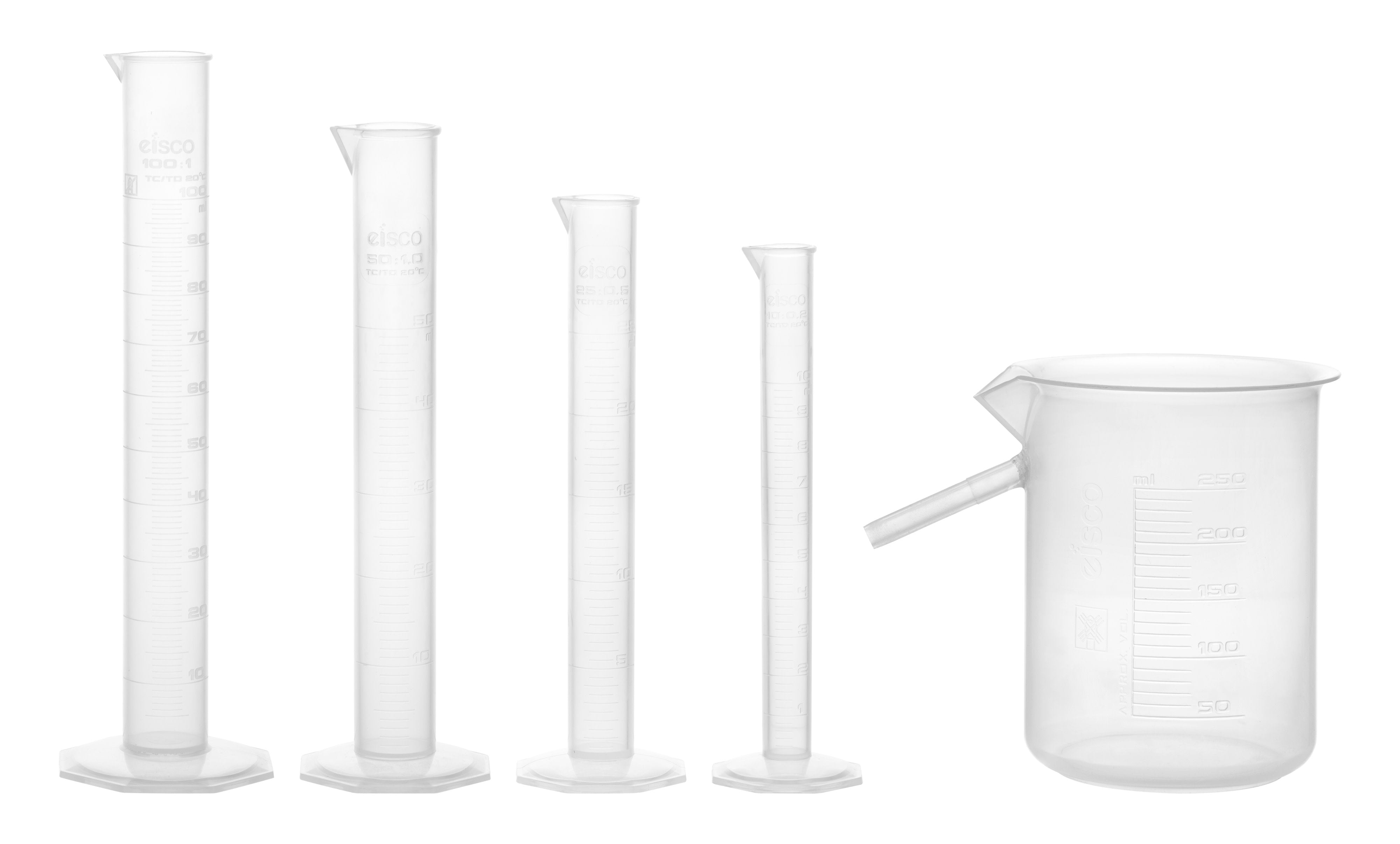 Class B 5-Piece Autoclavable Polypropylene Graduated Cylinder Set with Displacement Vessel, 10/25/50/100 + 250mL