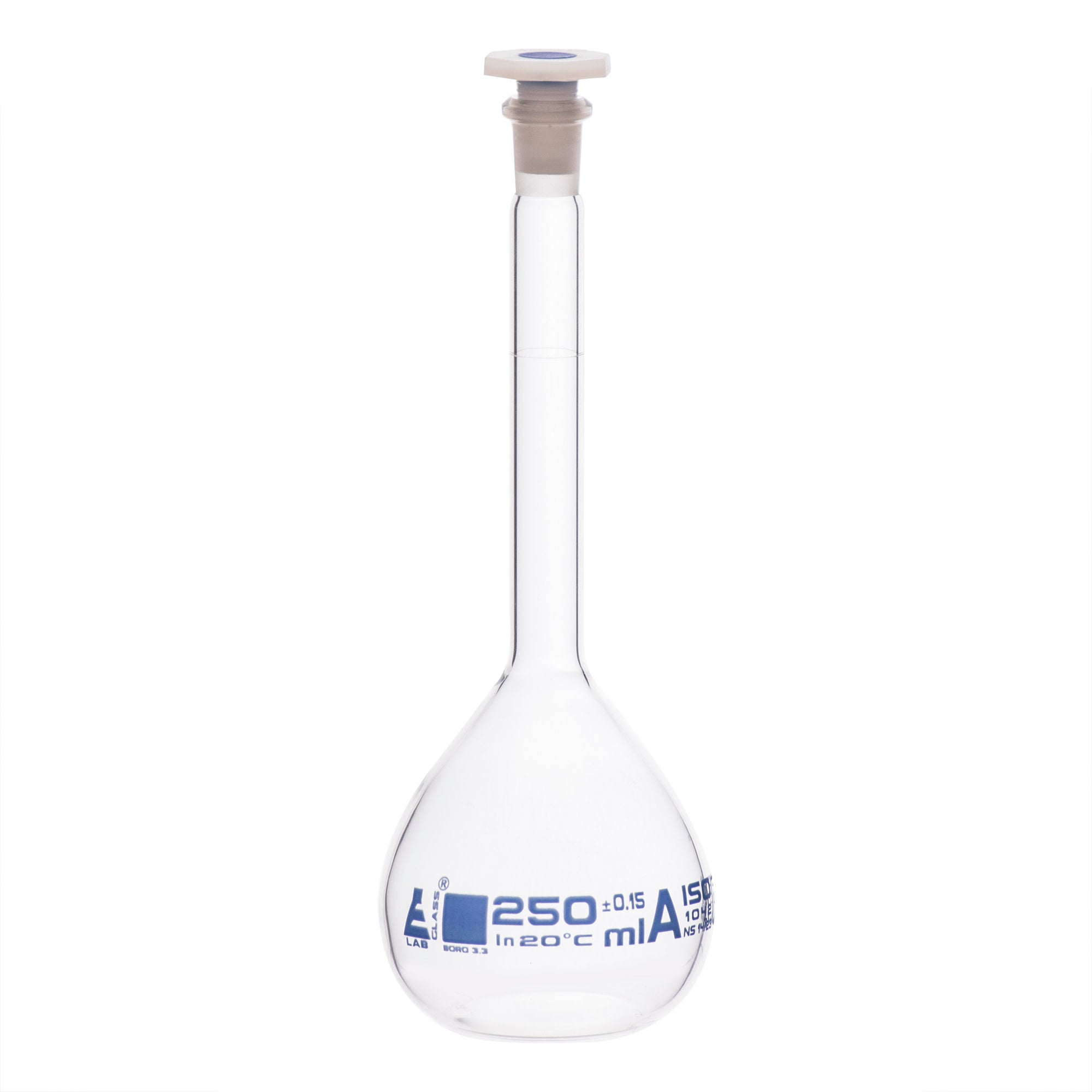 Class A Borosilicate Glass Volumetric Flask with Polyethylene Stopper, Blue Graduations