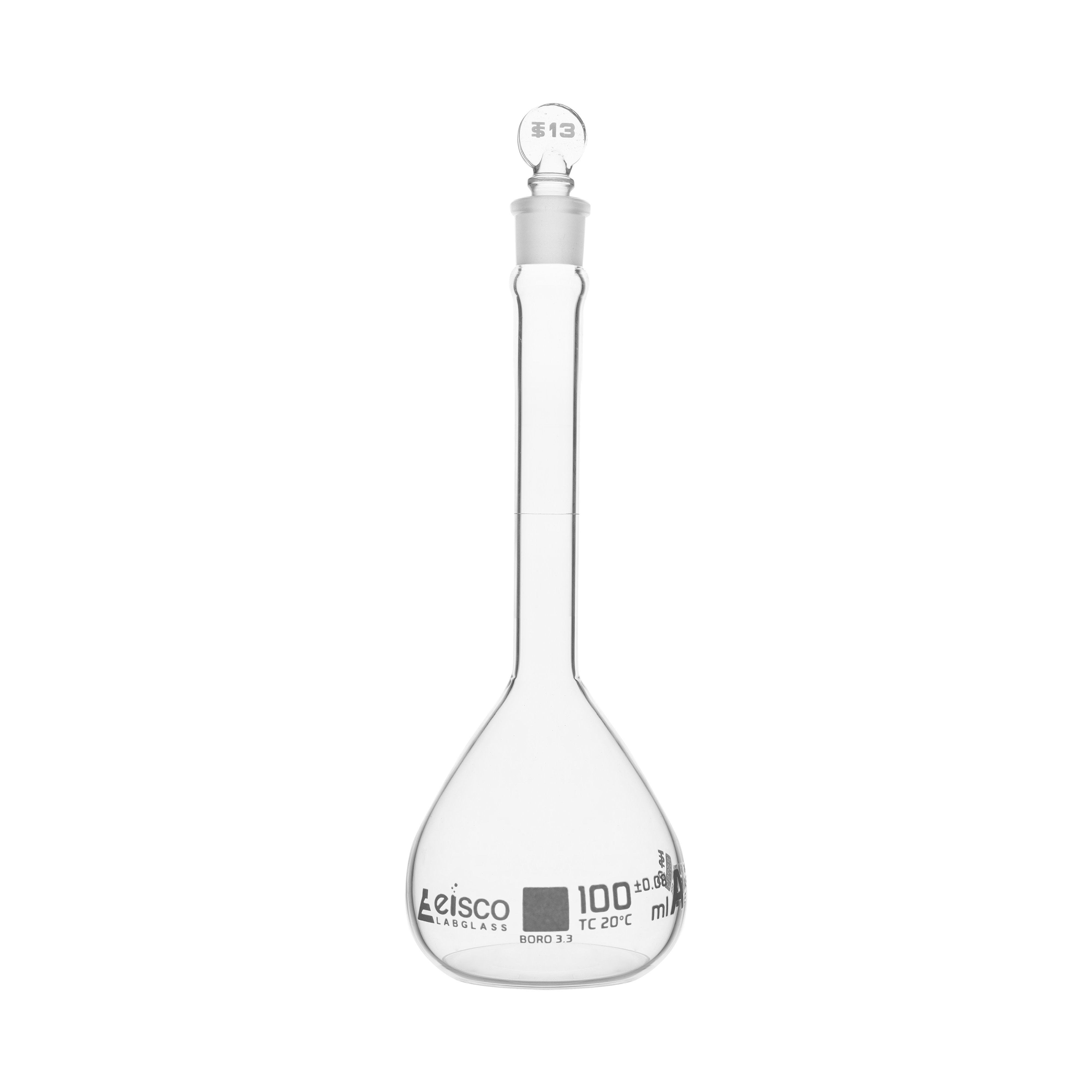 ASTM Class A Autoclavable Volumetric Flask with No.13 Glass Stopper, 100mL, White Graduations, Borosilicate 3.3 Glass