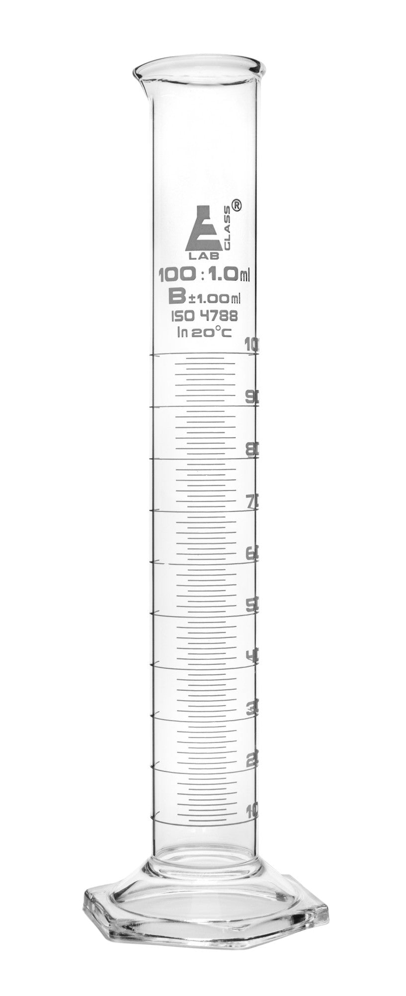 Class B Borosilicate Glass Graduated Cylinder with Hexagonal Base, White Graduations
